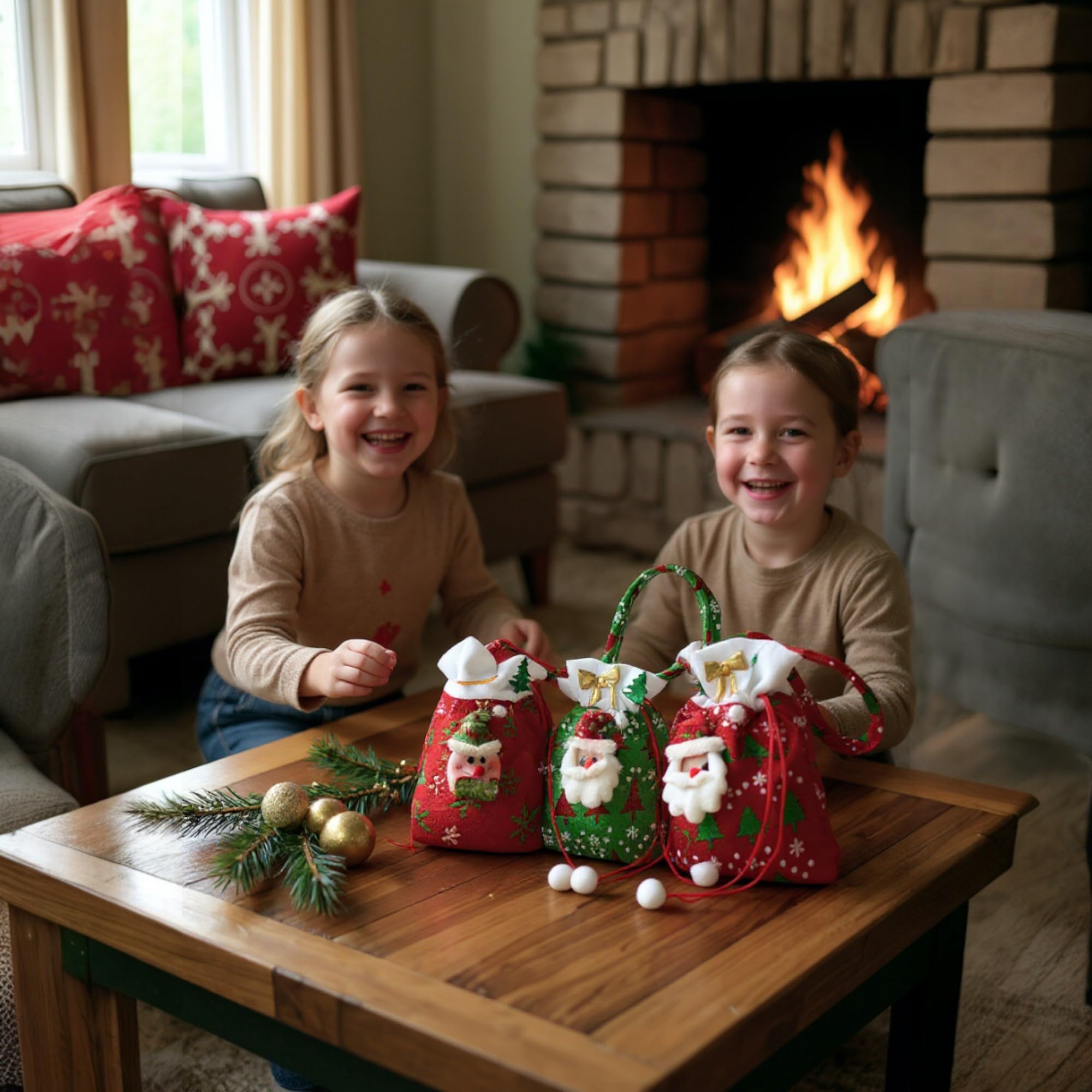 Moira Christmas Gift Bags Set, Festive Santa Snowman Reindeer Design, Red Green Beige Plush Drawstring Bags, 23 x 20 cm, Pack of 3, Holiday Party Decorations and Gift Packaging 2