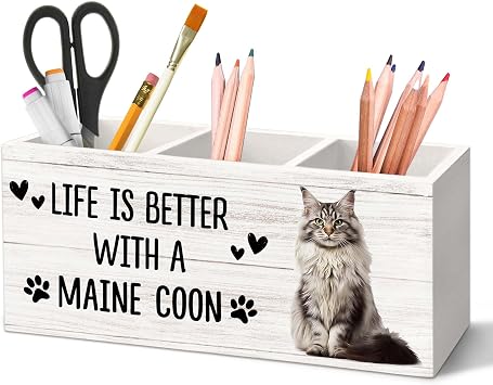 Maine Coon Cat Gifts Pen Holder for Desk, Gifts for MaineCoon Lovers Owners Pencil Organizer, Life is Better with A Maine Coon Cat Wood Pen Holder Desk Accessories Decor for Home Office