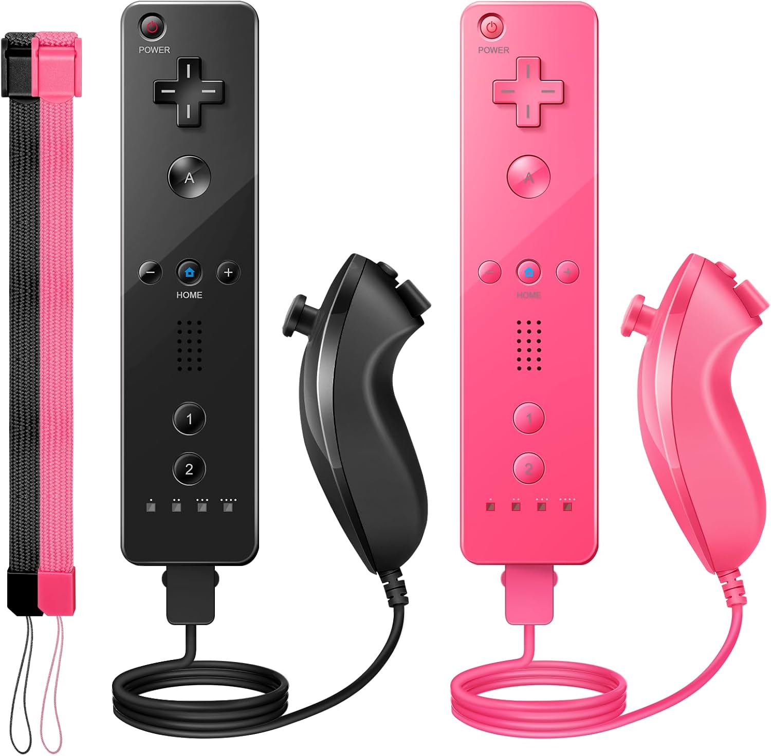Wii Controller 2 Pack, Wii Remote Controller and Nunchuck Joystick with Silicone Case and Wrist Strap for Holiday (Black and Pink)