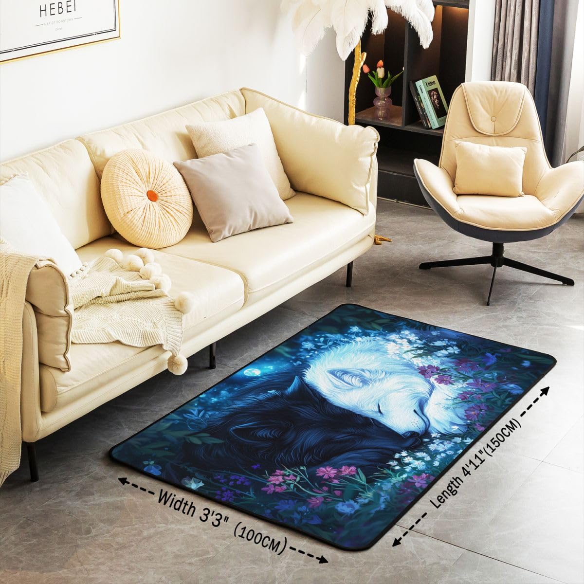 Schwarzer weißer Fuchs Wohnzimmer Teppich 100x150cm Botanisches Blumengrünes Gras Schlafzimmerbereich Teppich für Kinder Teens Wildtiere Indoor Matte Heimdekor