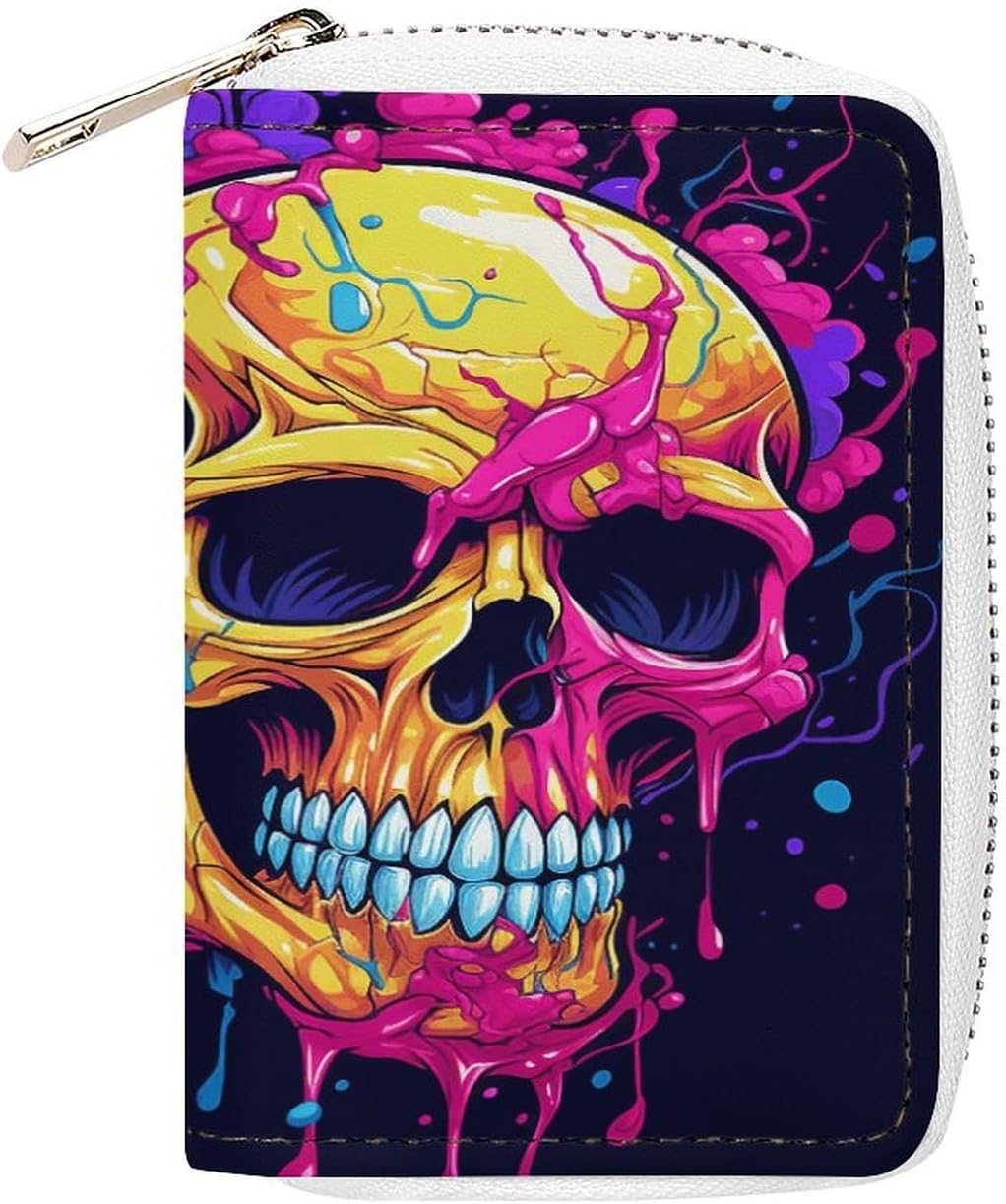 Leather Card Organizer Case Card Wallet Credit Card Holder Two Different Skulls Printed Zipper Card Cases Holder for Women Men