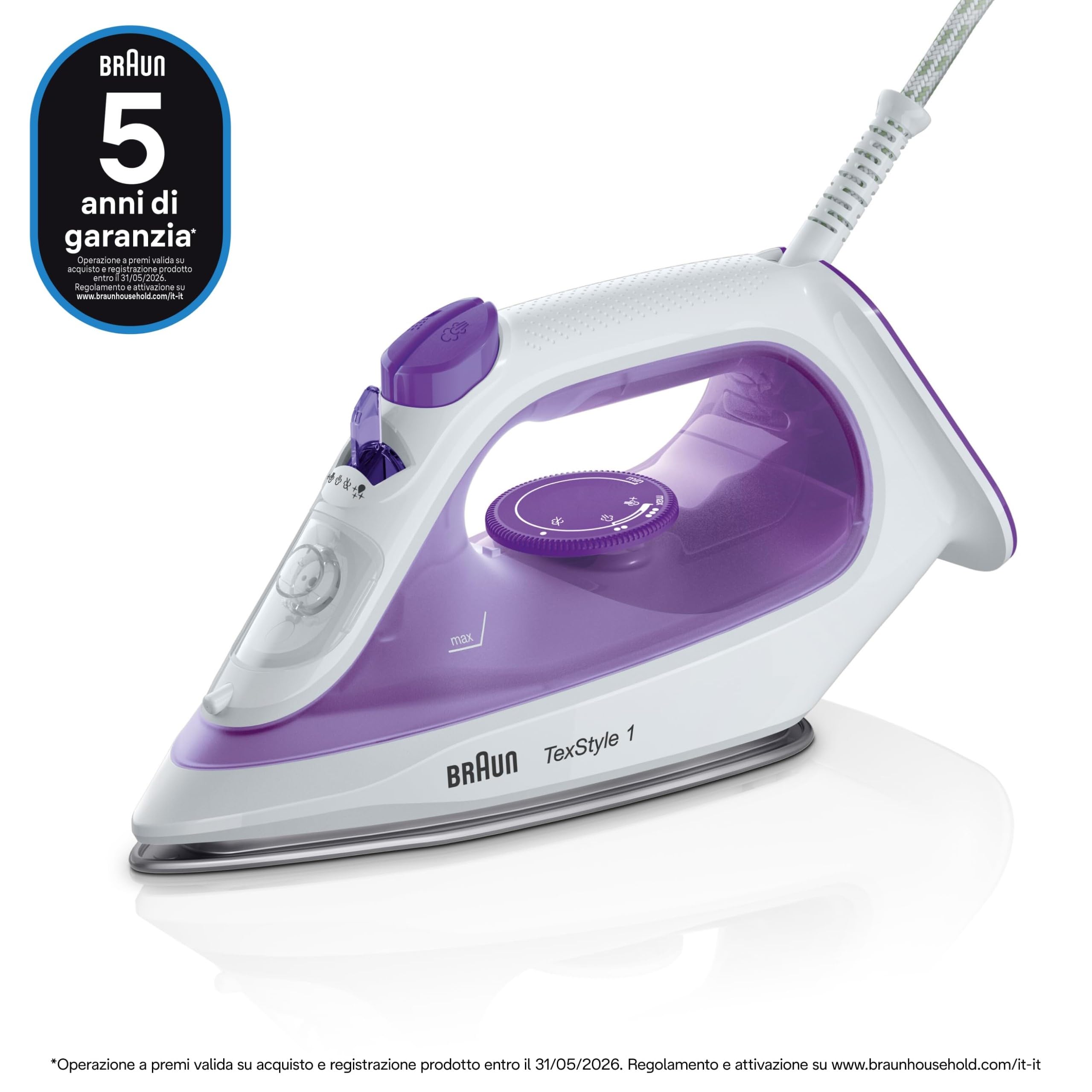Braun TexStyle 1 SI1080VI, Ferro da Stiro CON 5 ANNI DI ASSISTENZA Piastra SuperCeramic, Punta di Precisione, 130g/min,Ricarica da 220ml, Eco Mode, Sistema Antigoccia, 2000W, Viola