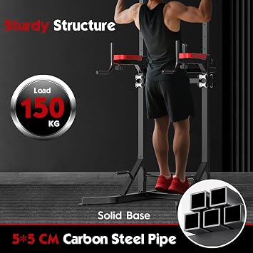 Adjustable Power Tower with Pull-Up Bar & Dip Station, 160–220 cm | Freestanding Home Gym Station with Back Support & Hydraulic Adjustment for Pull-Ups, Dips and Strength Training