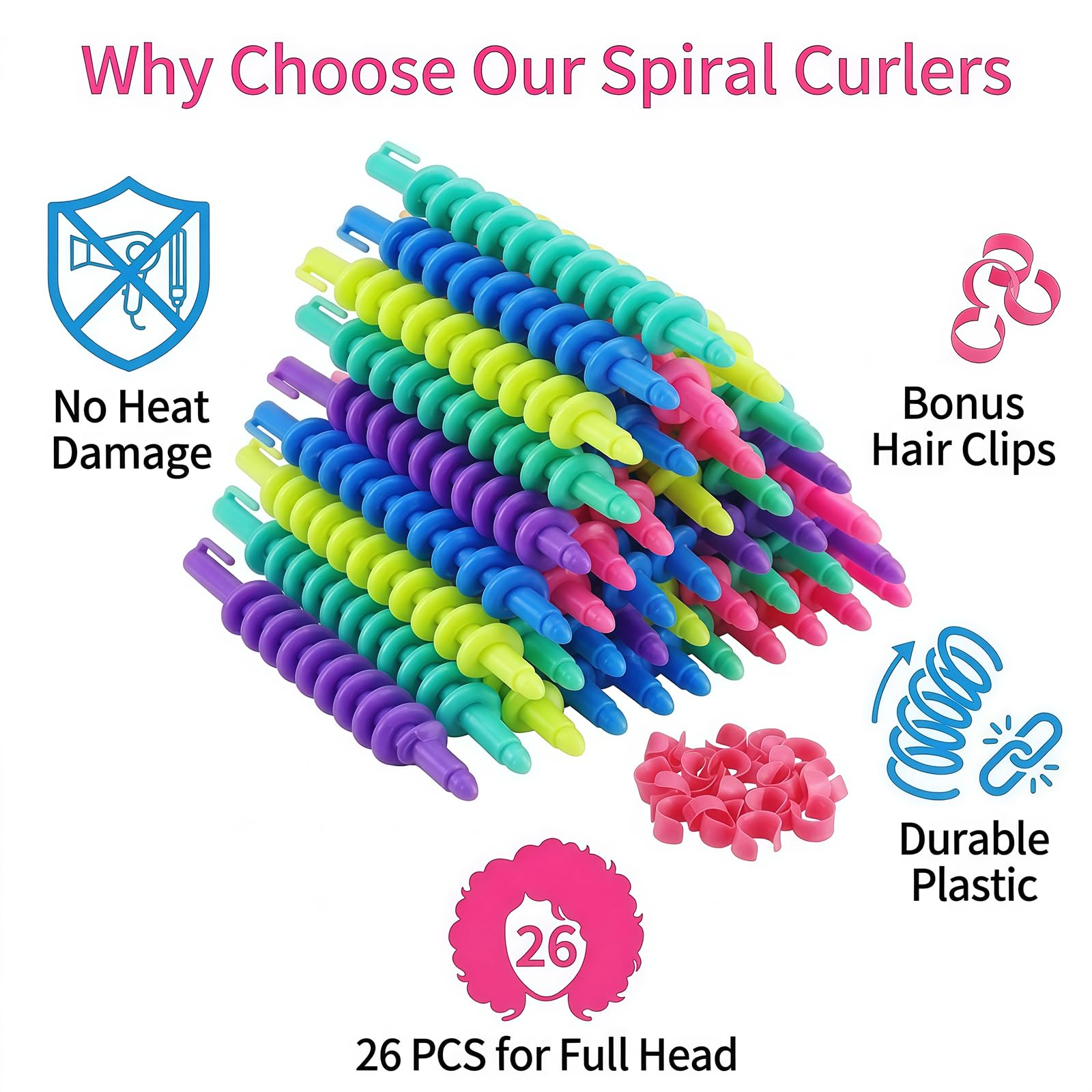 Lot de 26 tiges de permanente en spirale de 15,2 cm en plastique coloré pour cheveux longs/moyens pour coiffure, coiffure, bouclage, permanente, sans chaleur, pour femmes et filles