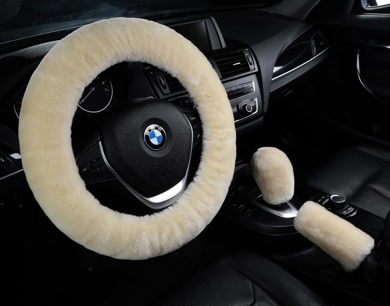 3 Pcs Set Genuine Sheepskin Car Steering Wheel Cover Wool Steering Protector Handbrake Gear Shift Cover Anti-Slip Universal for 15 inch