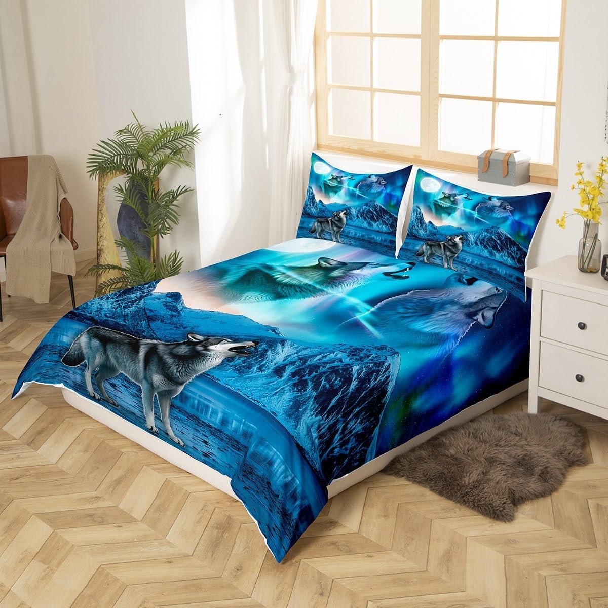 Feelyou Wolf Bedding Set Full Size Wolves Howling Duvet Cover Set for Boys Teens Decor Aurora Comforter Cover Set Moon Wolf Bedroom Mountain Quilt Cover 3Pcs