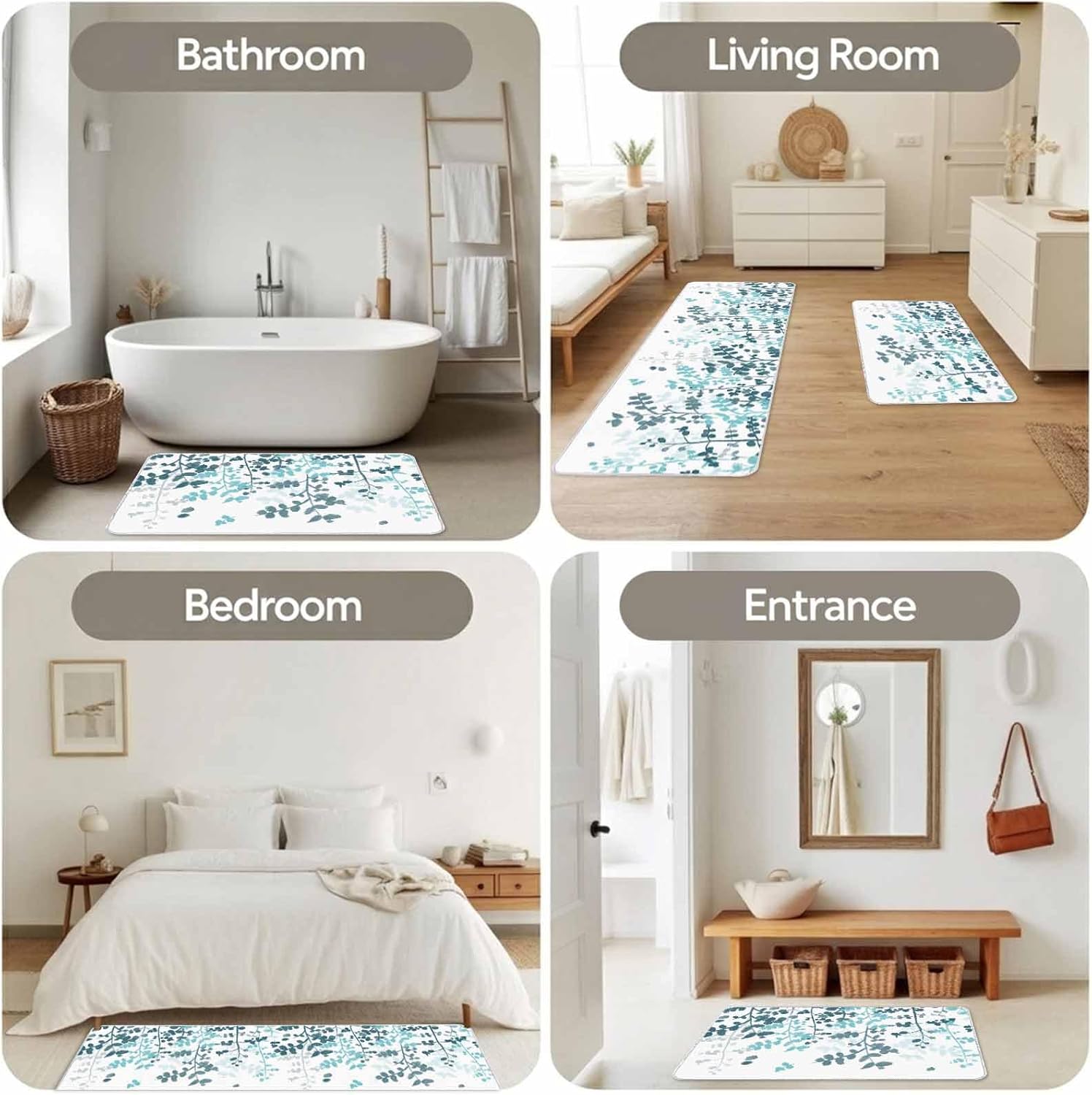 Rustic Blue Gradient Leaf Kitchen Rug and Mat,Washable Floor Mats Standing Cushioned Set of 2,Farmhouse Watercolor Plant Slip-Proof Doormat Runner Rugs for Indoor Bathroom Laundry Sink