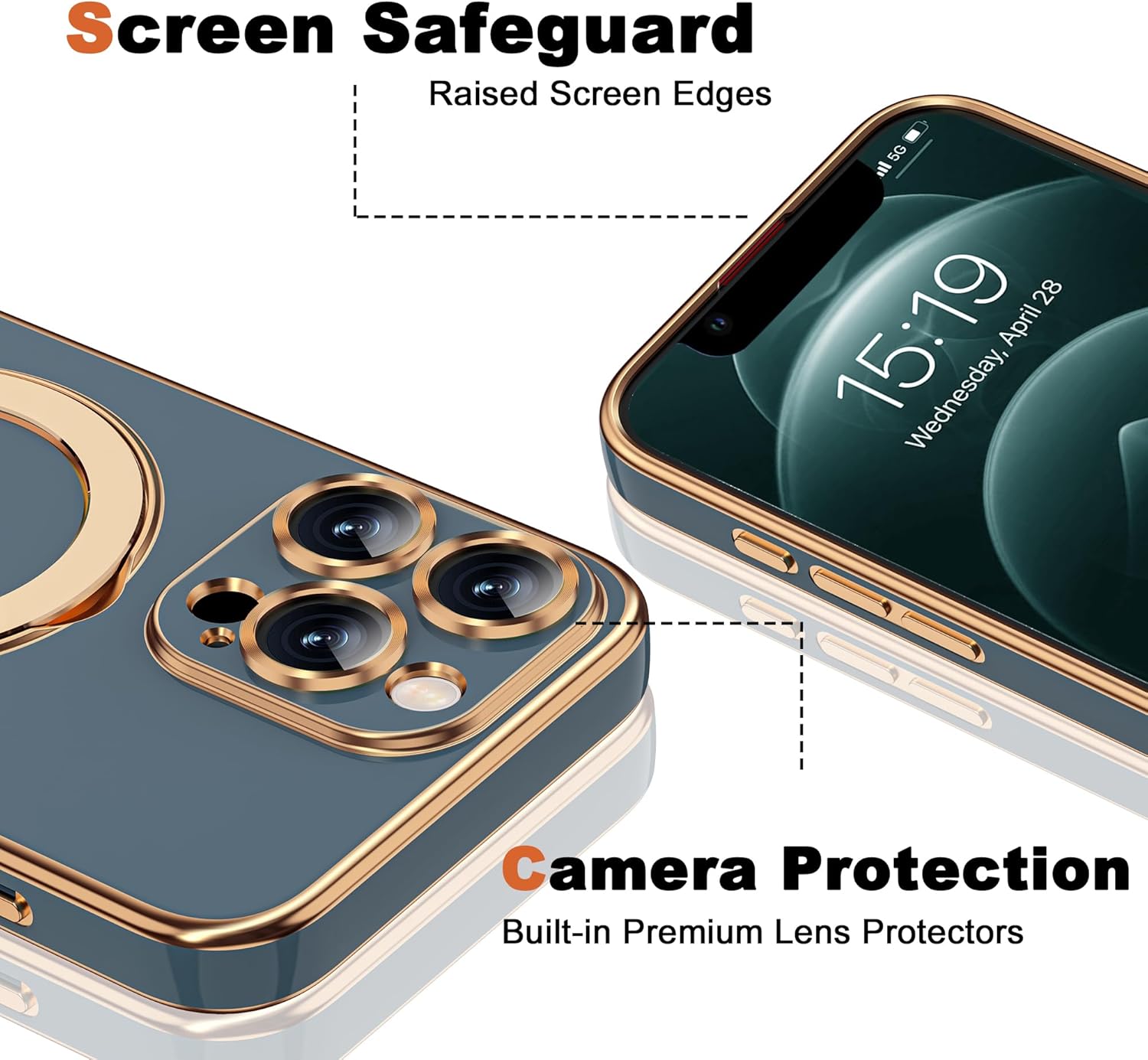 Compatible with iPhone 12 Pro Max Case with Magnetic Ring Stand [Compatible with Mag-Safe] [Full Camera Lens Protector] Soft Plating Phone Case for iPhone 12 Pro Max 6.7", Grey Blue
