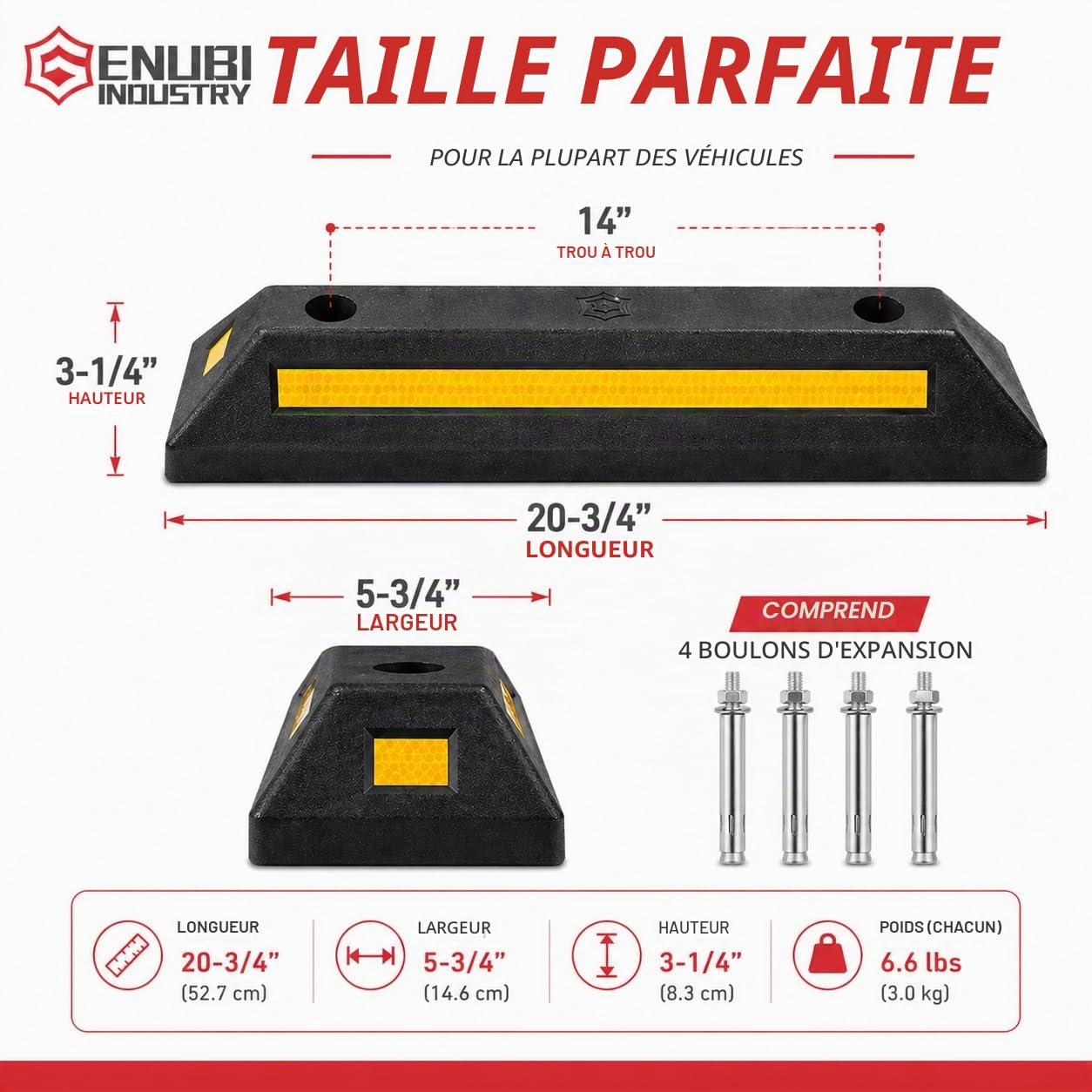 Lot de 2 bordures en caoutchouc noir très résistantes avec bandes jaunes réflectives, butées de roue pour voiture, camion, camping-car, remorque et garage - Qualité professionnelle