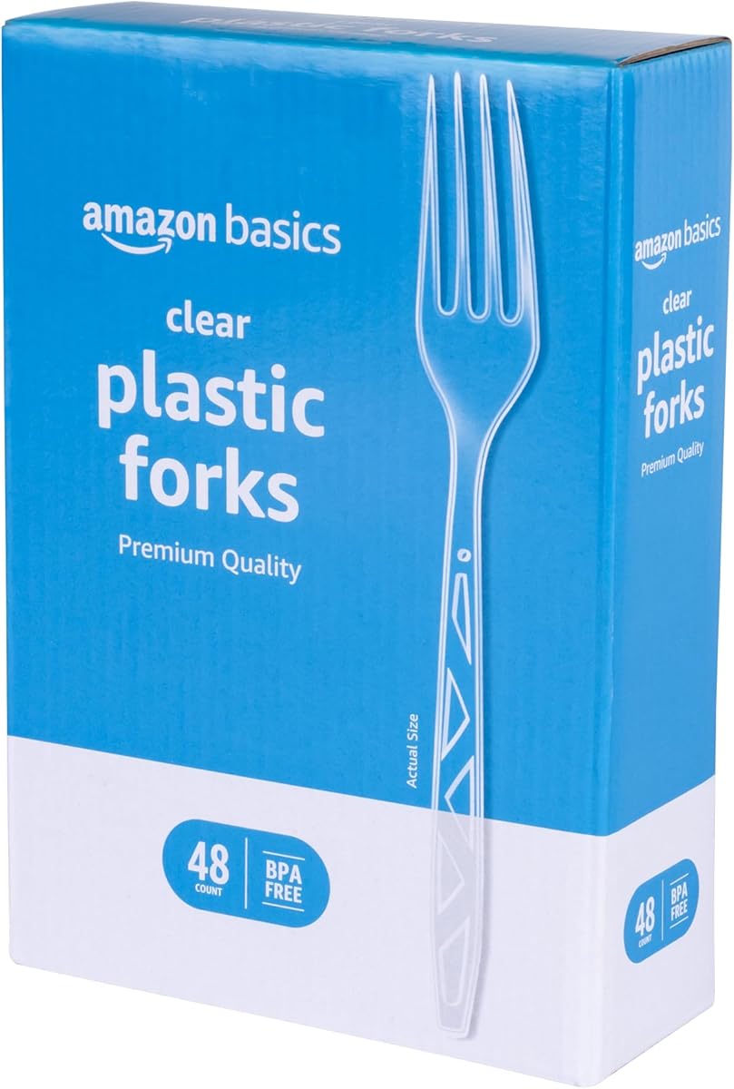 Amazon Basics Disposable Clear Plastic Forks, Premium Quality, 48 Count