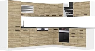 Belini Julie Bloc de cuisine en forme de L avec poignées, cuisine encastrée sans appareils électriques avec armoires suspendues et armoires inférieures, sans plans de travail, chêne Sonoma
