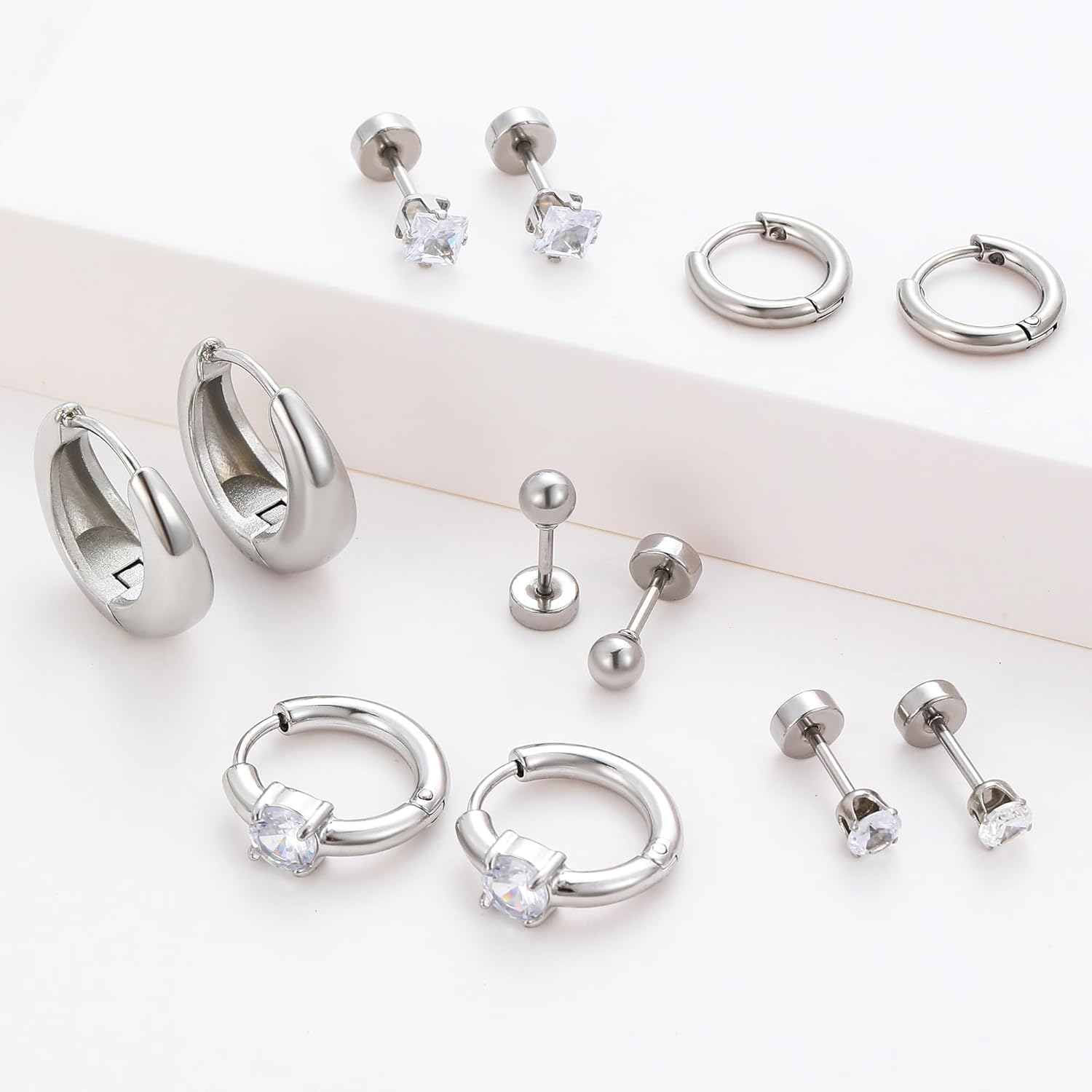 Silver Gold Plated Surgical Steel Flat Back Earrings for Women Hypoallergenic 14K Gold Plated Stud Huggie Earring Set Fashion Shell Cubic Zirconia Flatback Studs Cartilage Earrings Pack for Multiple Piercing 5/8Pairs - Image 6