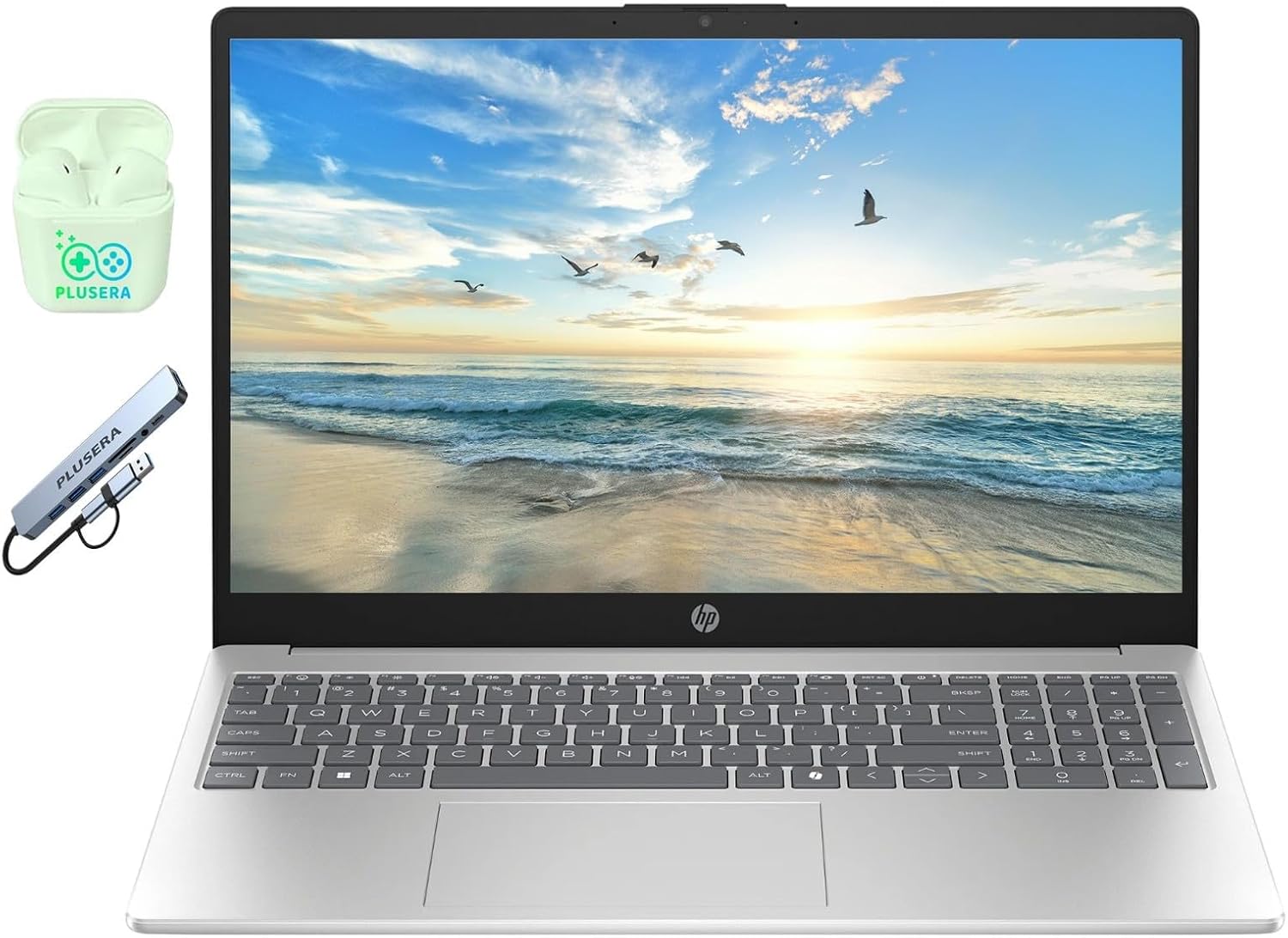 HP 15.6" Business Laptop, 128GB UFS, 16GB RAM, Quad-Cores Intel Processor, Windows 11, PLUSERA Earphones & 6-in-1 Hub Included, Natural Silver (Renewed)