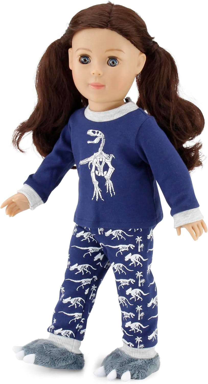 Emily Rose 18 Inch Doll Clothes - 3PC Blue Grey Dinosaur Doll Pajamas PJs Set with Slippers | American Girl Compatible | Gift Boxed - USA Brand