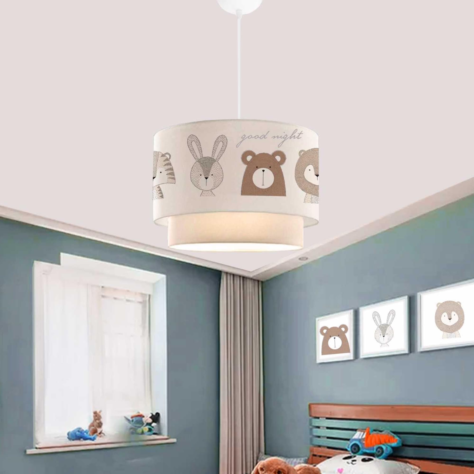 lux.pro Lámpara Colgante Infantil Lurgan Lámpara de Techo para Niños con Motivo de Animales para Dormitorio 1xE27 Pantalla Doble de Tela 70 x Ø 30 cm Blanco