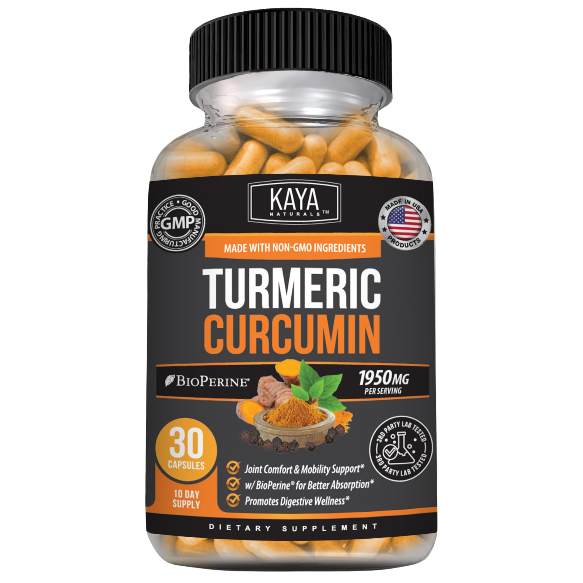Kaya Naturals Turmeric Curcumin with Black Pepper, 1950 mg, 30 Capsules