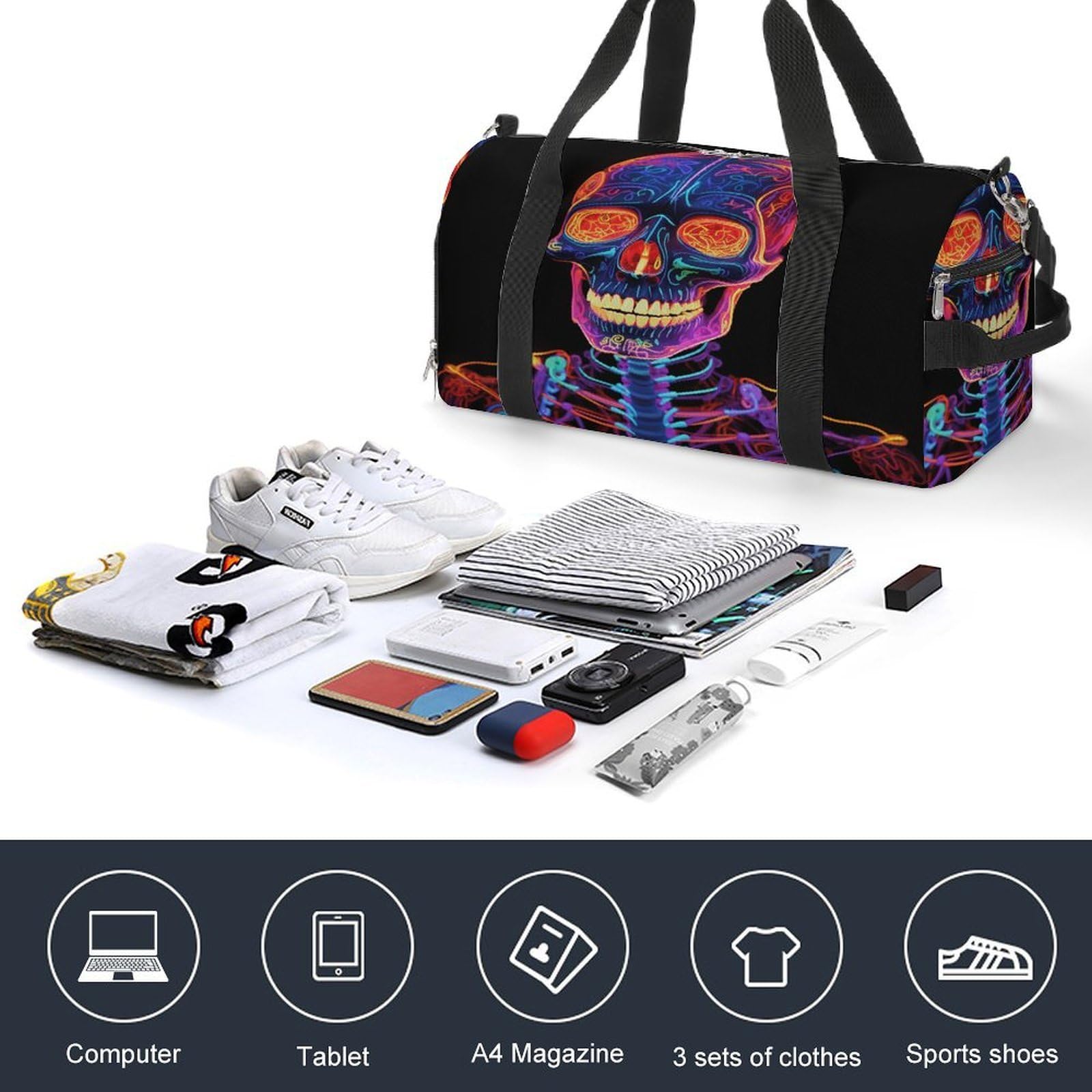 Bolsa de gimnasio ligera con diseño de calavera brillante, bolsa de viaje con compartimento para zapatos, bolsa de gimnasio para mujer, para pasar la noche, fin de semana, yoga, gimnasio, viajes de