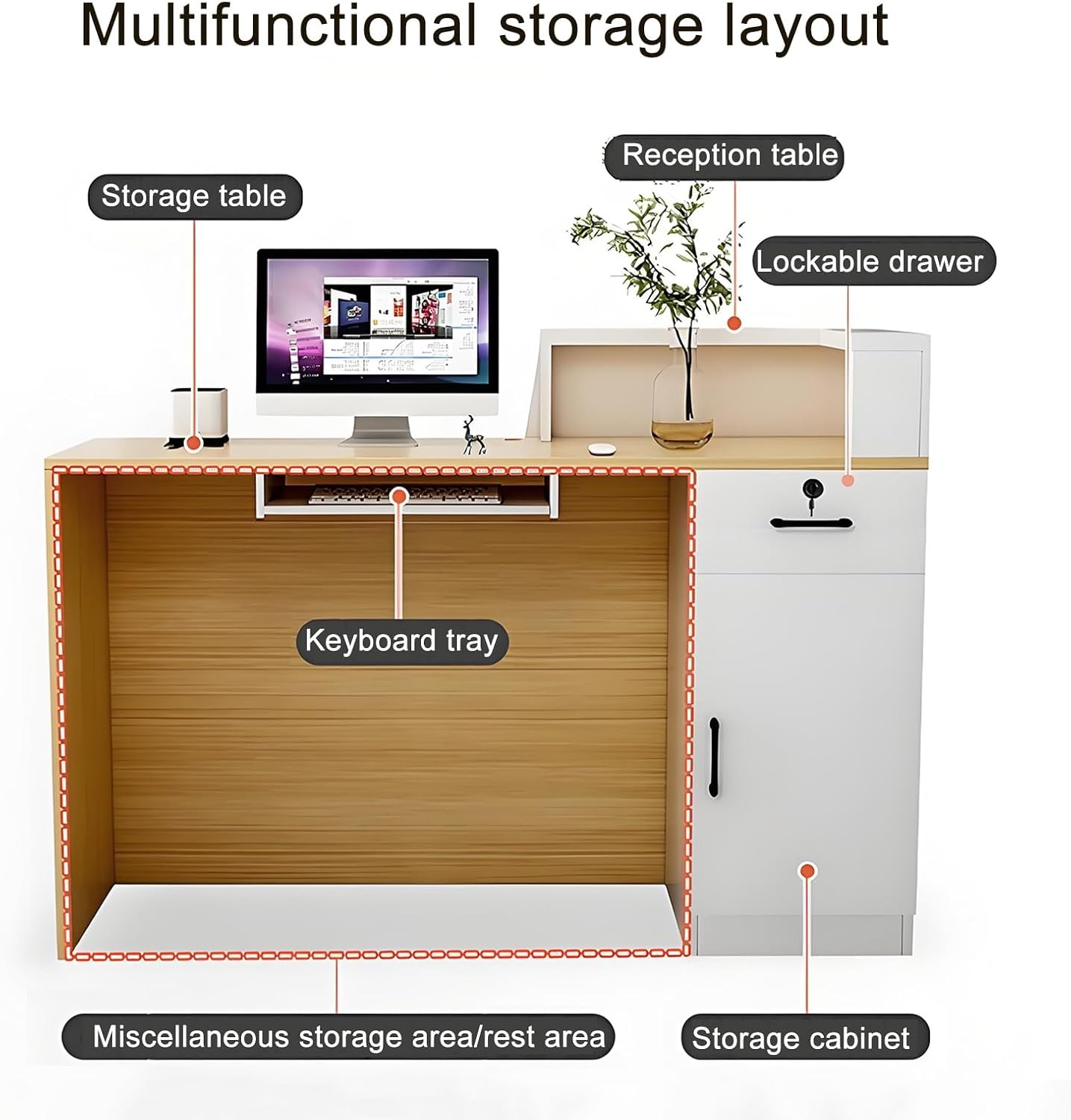 Reception Desk with Counter, Front Desk for Salon Reception Room, Front Counter Desk with Lockable Drawer for Home Office and Office, Space Saver(Wood Color,100cm/39.3in)