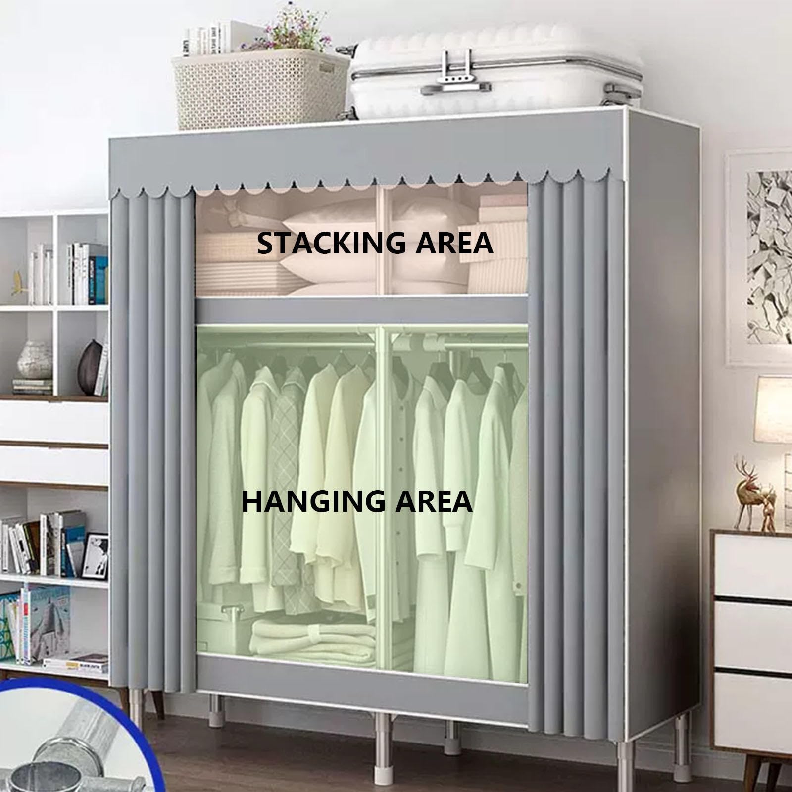 Leinwand-Kleiderschrank, tragbarer Kleiderschrank mit Kleiderstange, Stoff-Kleiderschrank für Schlafzimmer, Aufbewahrungsorganisator für Kleiderschränke,E-120x45x166cm