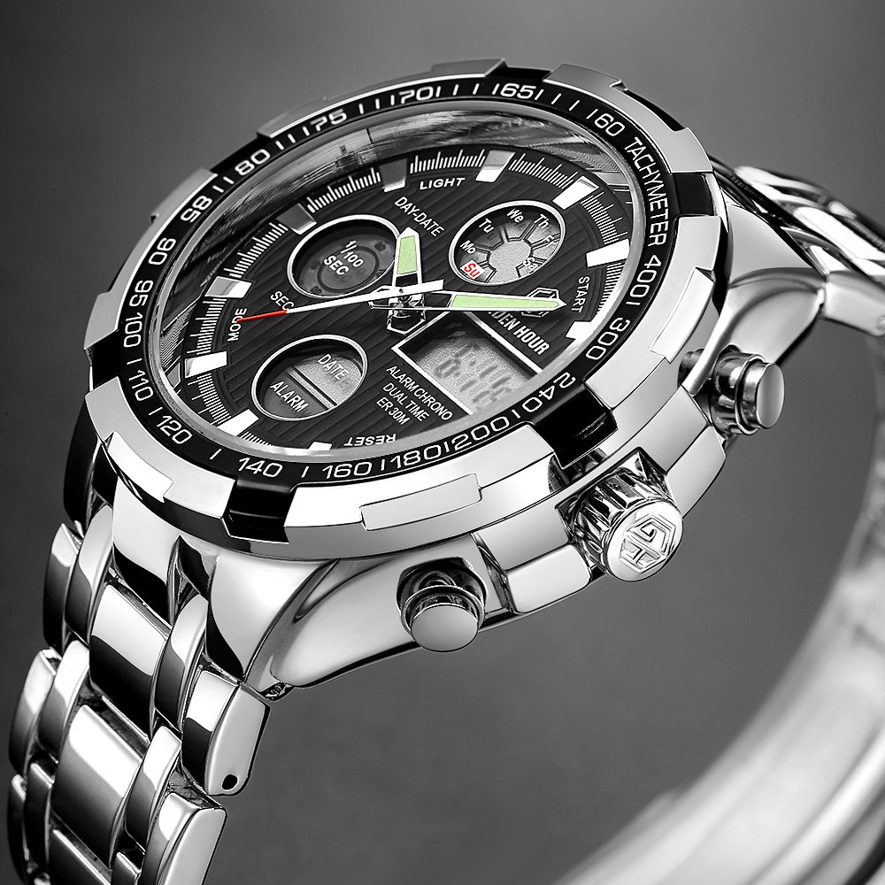 Affute Armbanduhr für Herren, Schwerer Chronograph aus Edelstahl, wasserdicht, mit Datums- und Alarmfunktion, Analog-/Digitalanzeige