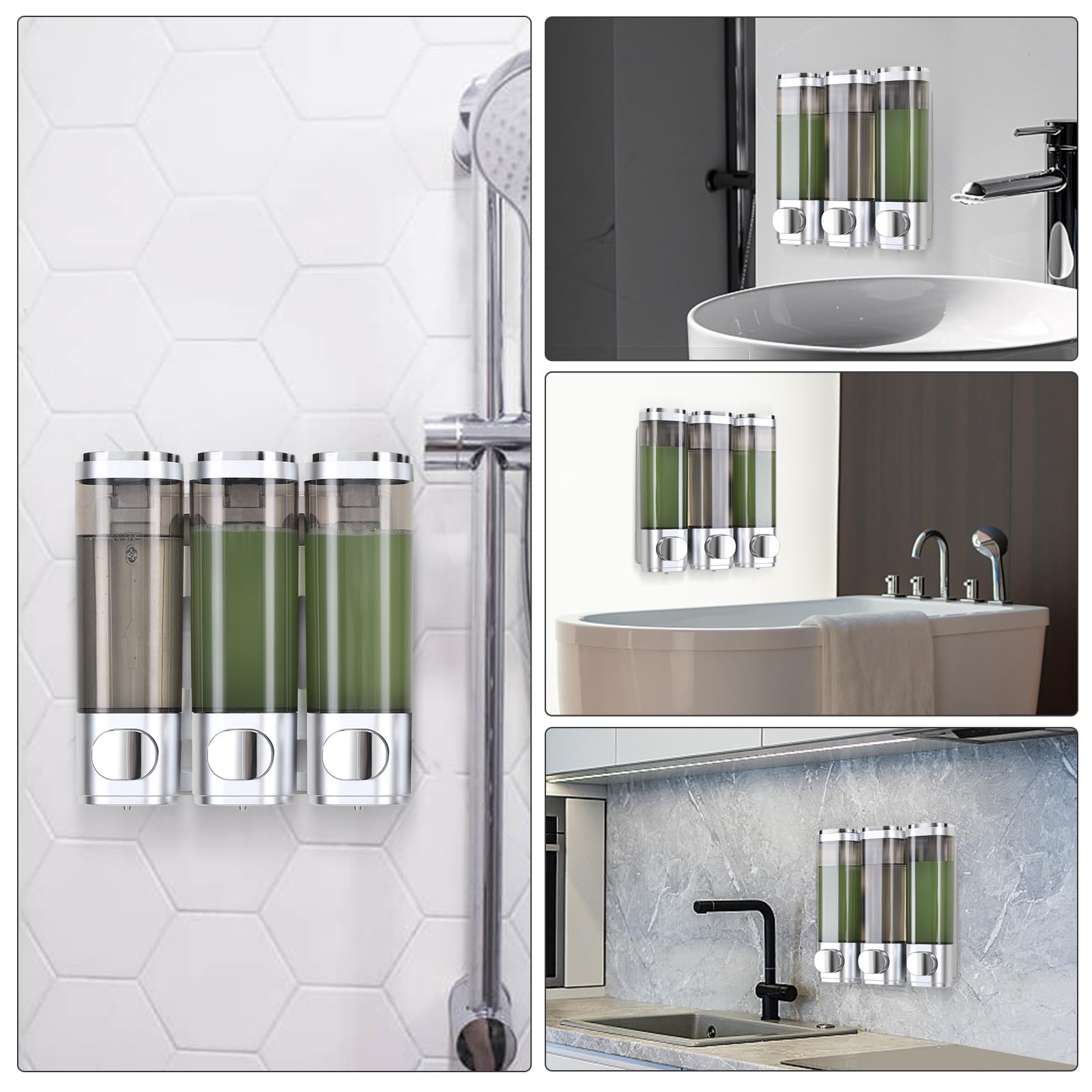 Set di 3 dispenser per sapone, fissaggio a parete, senza foratura, distribuzione uniforme del liquido, anti-perdite, adatto per shampoo, gel doccia, sapone liquido, balsamo, argento