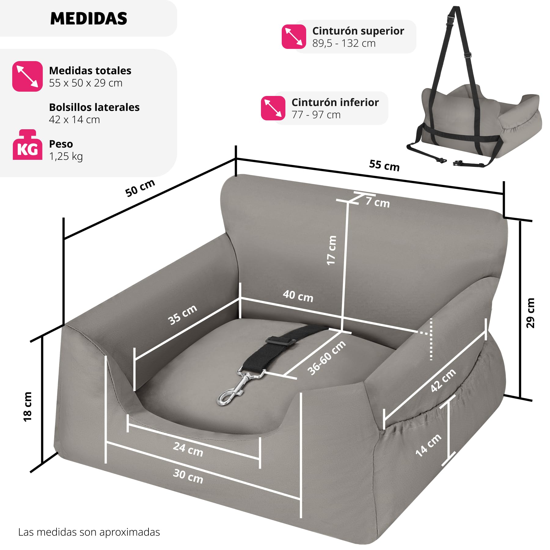 tectake® Asiento de Coche para Perros Pequeños y Medianos - Correa Ajustable, Cojín Lavable, Protector y Transporte - Gris
