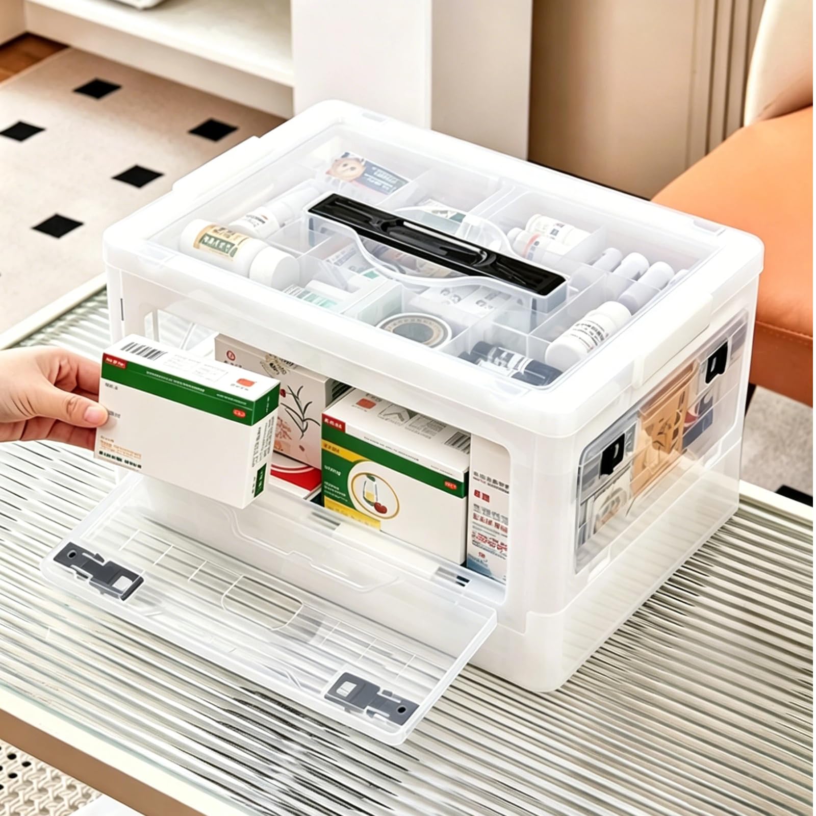 Boîte à Pharmacie, Boite Rangement Medicament 2 Couches Pharmacie Rangement avec Plateau Amovible Organisateur de Premiers Soins pour Ranger les Médicaments, Papeterie (38x26x22cm)