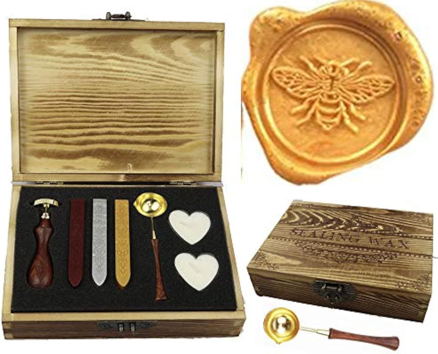 Bee Wax Seal Stamp Vintage Wooden Gift Box Packing Set Sealing Wax Sticks Melting Spoon Candle Wedding Invitation Christmas Card Gift Parcel Sealing Stamp