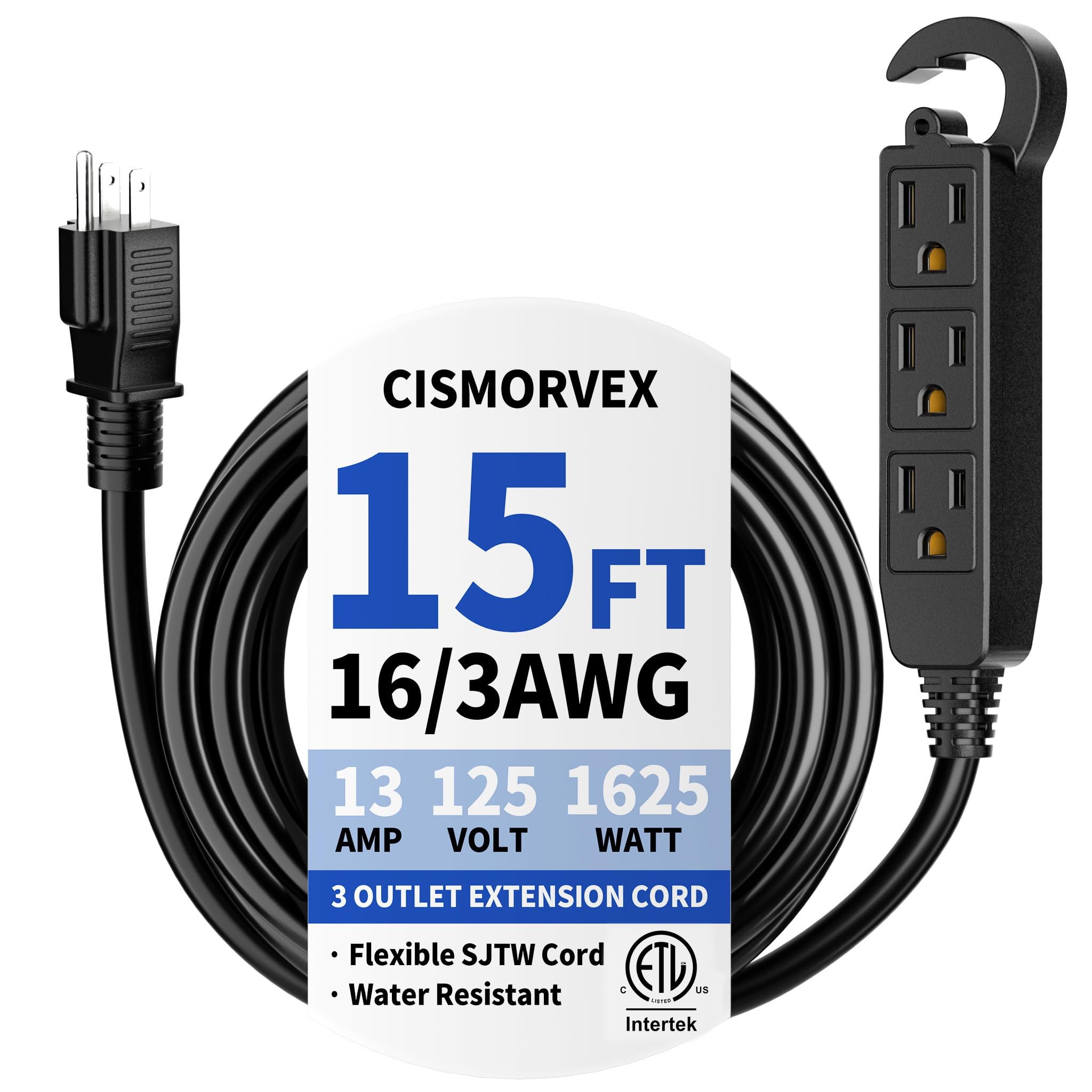 15 Ft 3 Outlet Outdoor Extension Cord Waterproof, Grounded Extension Cord with Multiple Outlets, 16/3 AWG 3 Prong Power Strip for Garden, Patio,