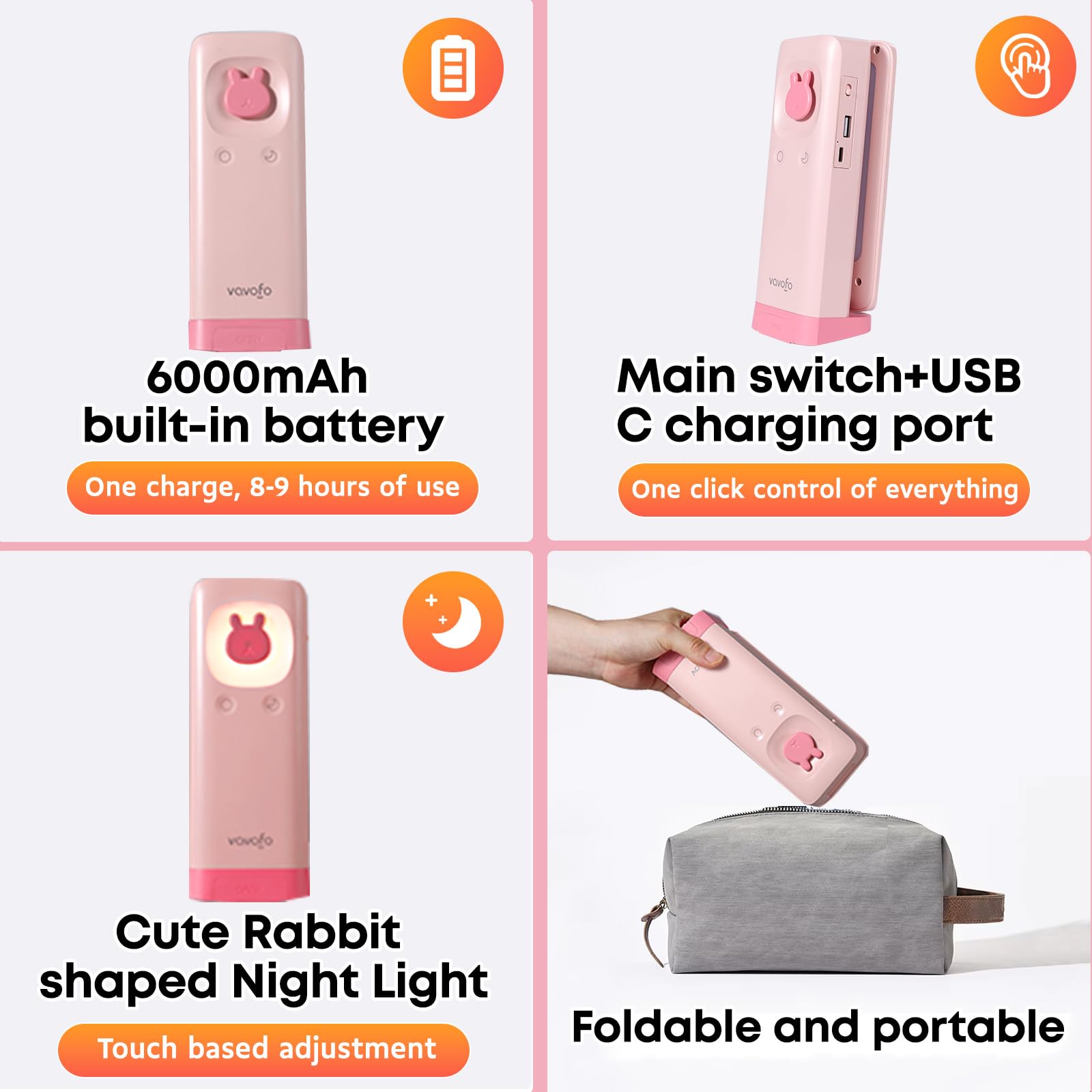 VAVOFO Schreibtischlampe, faltbar, tragbar, niedliche Schreibtischlampe, batteriebetriebene Schreibtischlampe, integriertes 6000 mAh wiederaufladbar, 3 Farben, warmrosa Schreibtischlampe, USB C