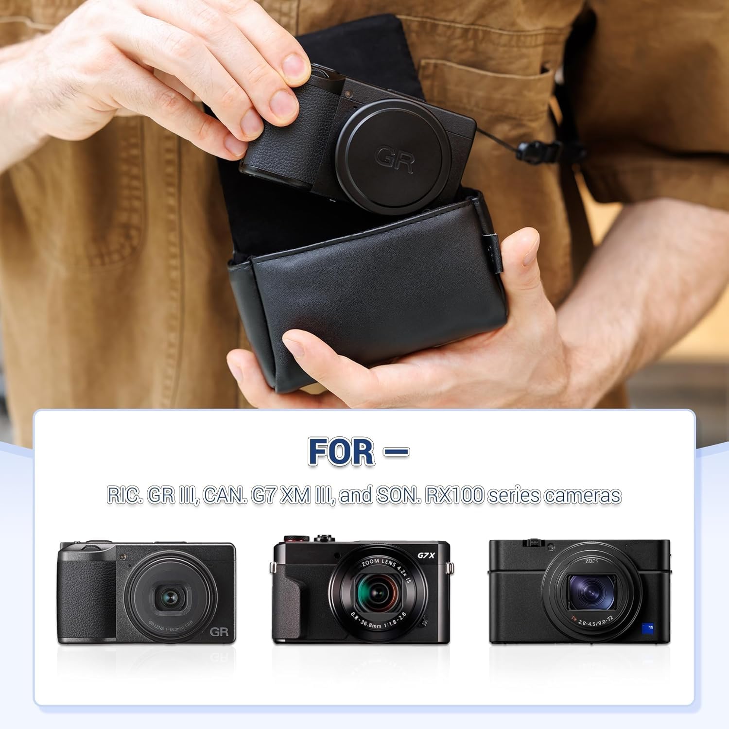 Skórzane kompaktowe, trwałe etui na aparat z zamknięciem magnetycznym do Canon PowerShot G7 X G7X Mark III II G7XM3 SX740 HS Lumix ZS99 RX100 VII VA VI V IV III II do Ricoh GR IV GR4 GR III X GR3X GR