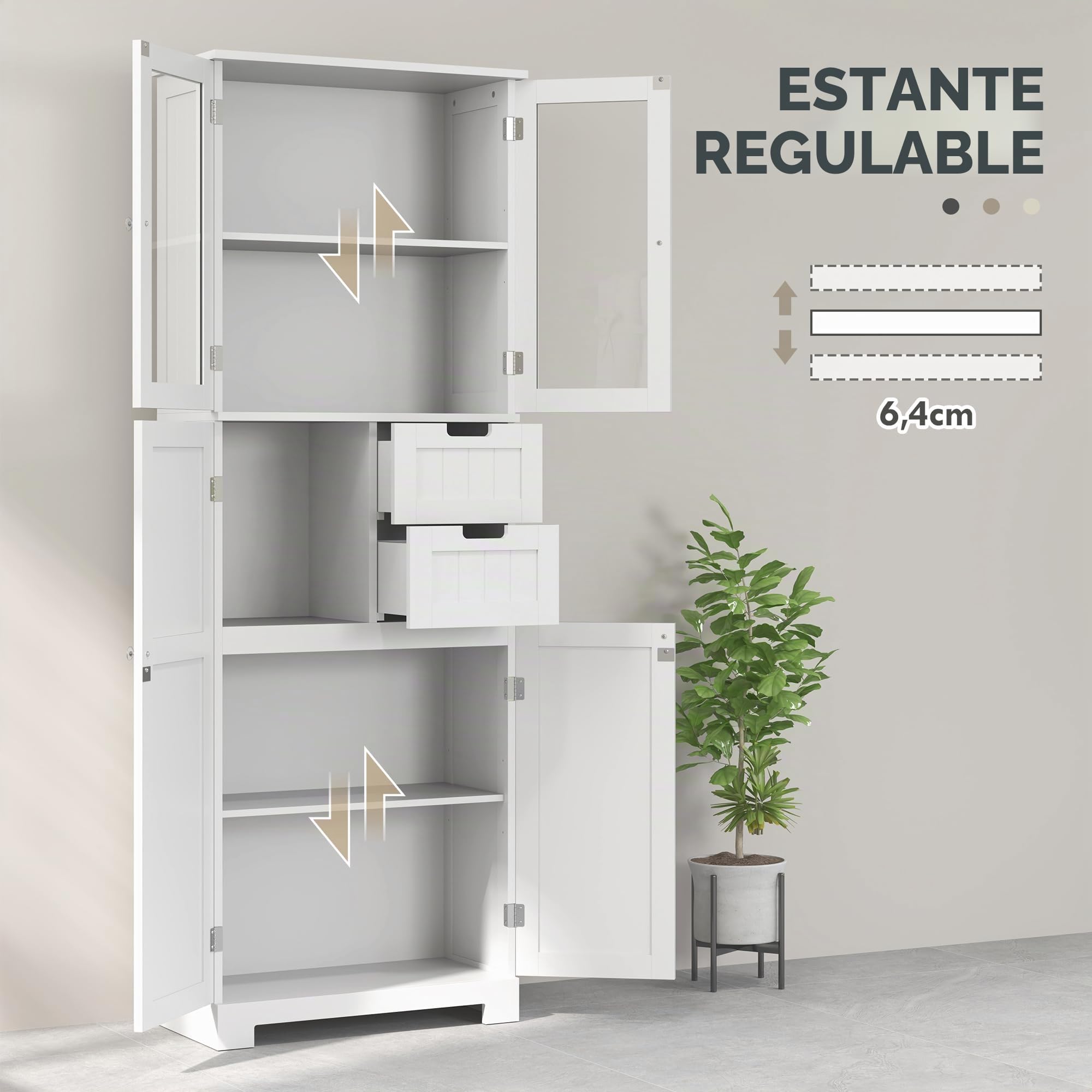 HOMCOM - Columna para cuarto de baño, mueble de baño, almacenamiento alto moderno, con puertas acristaladas, armarios, cajones y estantes ajustables, armario de baño, cocina, sala de estar, 60 x 30 x