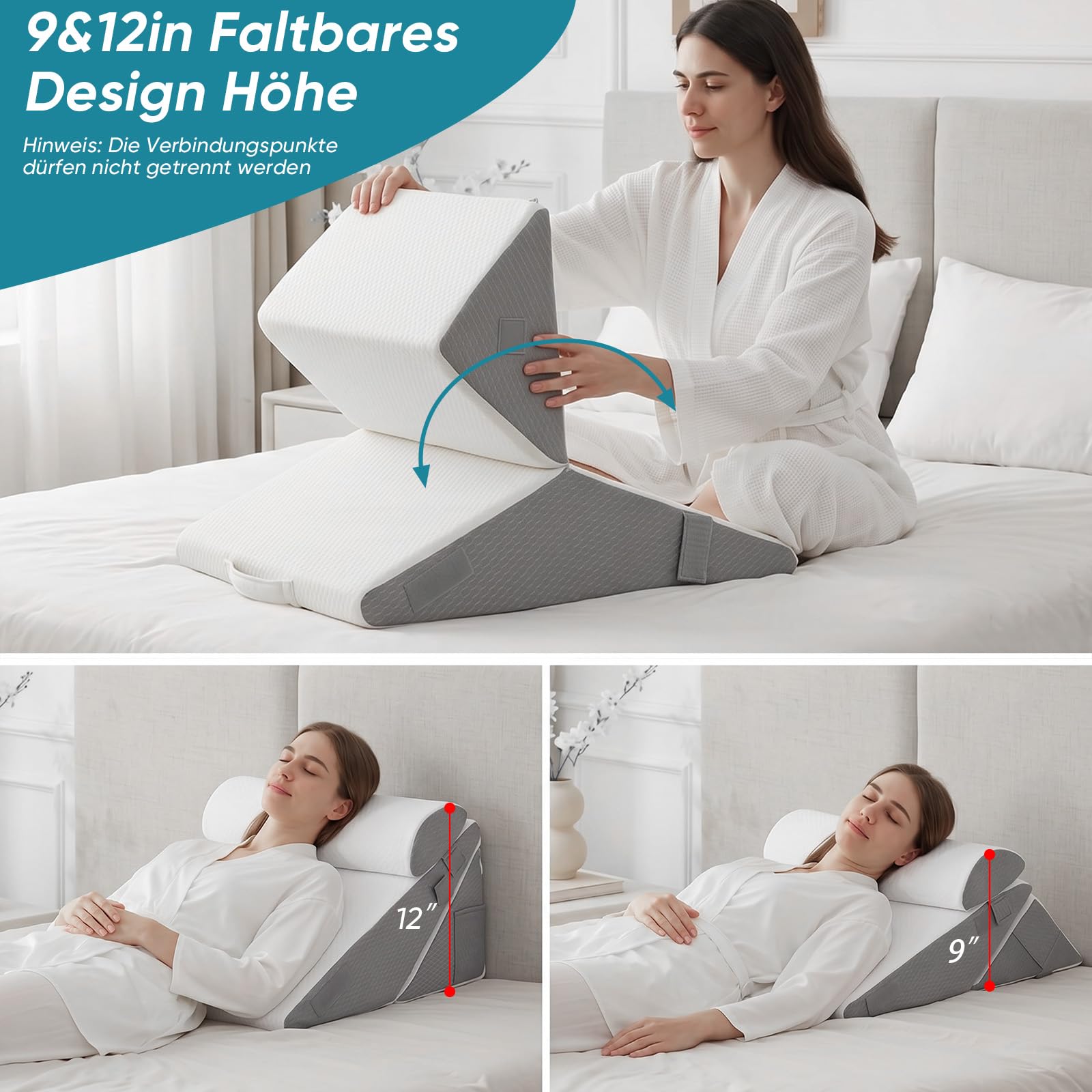 Juego de 3 cojines ortopédicos de cuña de altura ajustable de 9/12 pulgadas para apoyo postoperatorio para aliviar el reflujo, cojín de espalda, cojín de lectura para cama y sofá