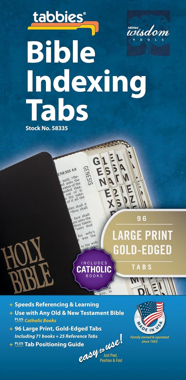 Tabbies 20 Pack with Display Catholic Large Print Gold-Edged Bible Indexing Tabs, Old & New Testament + Catholic Books, 96 Tabs (58335)