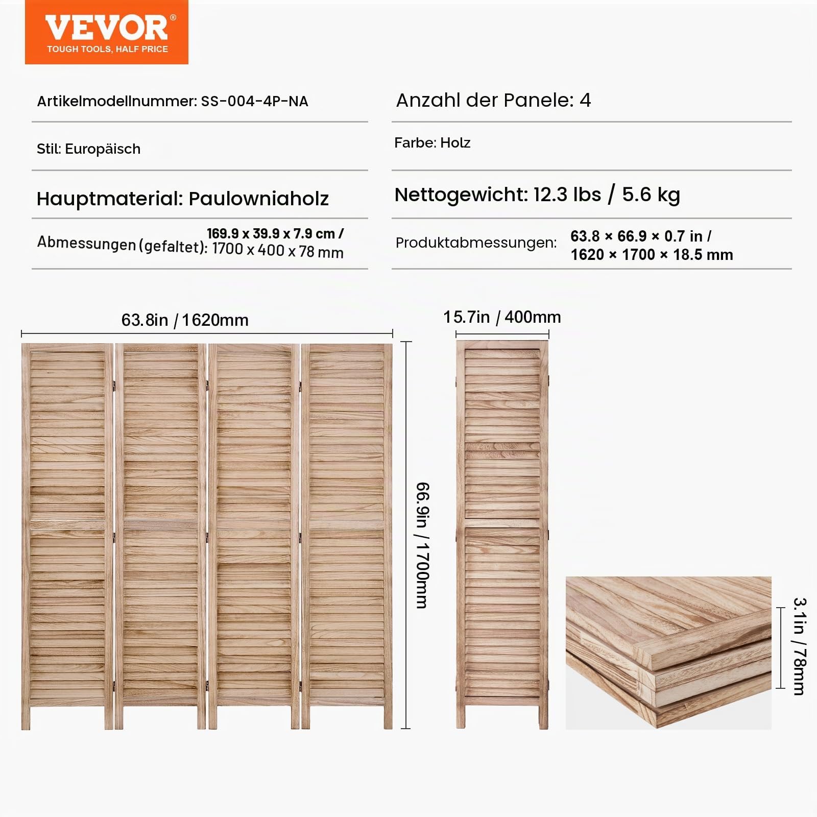 VEVOR Raumteiler Paravent aus Holz 4-teiliger Faltbarer Sichtschutz, 170 cm hoher Raumteiler, tragbarer Dekorationsschirm zur Raumtrennung mit europäischer Still für Zuhause Restaurant Schlafzimmer