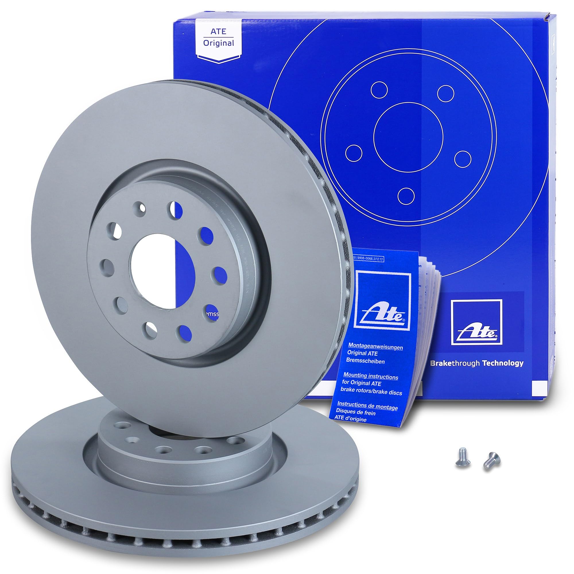 ATE Set di freni + dischi freno anteriori ¯ 312mm ventilati + posteriori ¯ 272mm pieni e pastiglie freno anteriori + posteriori e contatto di usura Compatibile con SEAT LEON, SKODA OCTAVIA 3, VW CADDY