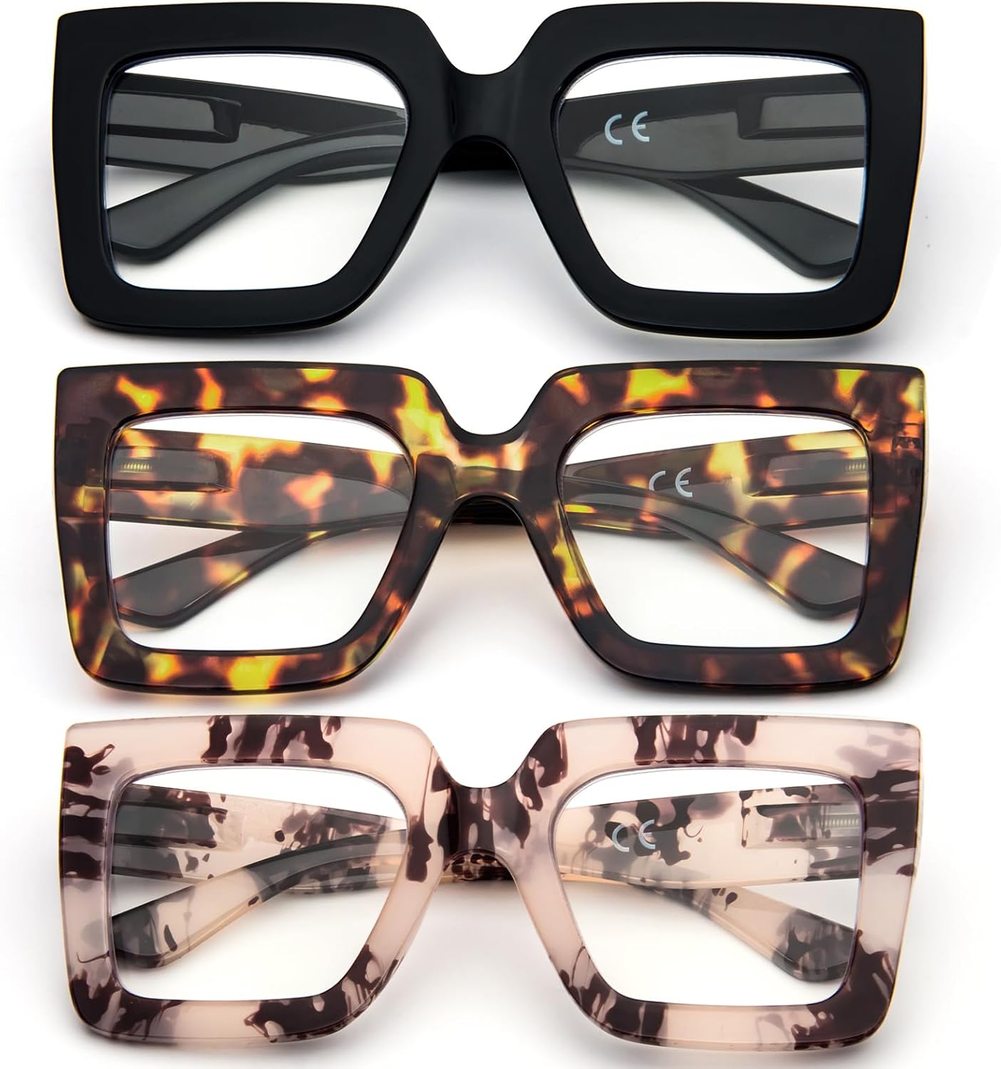 3 Pack Oversized Thick Frame Reading Glasses for Women,Stylish Square Large Readers Blocking Blue Light Glasses - Image 3