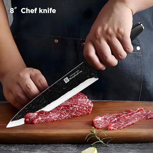 Miniatura 2 de Juego de cuchillos de 7 piezas, color negro mate con bloque de cuchillos de cocina, juego de cuchillos ligeros para cocina, juego de cuchillos de