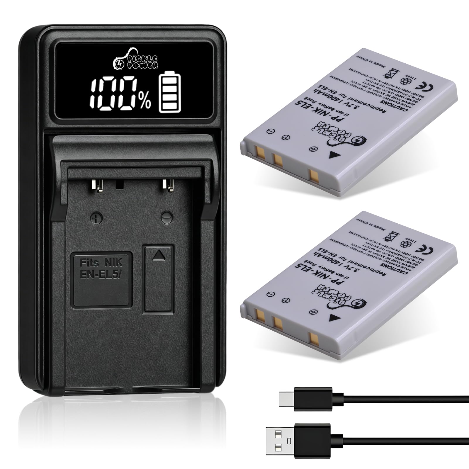 Photo 1 of Pickle Power EN-EL5 Battery 2 Pack and LED USB Charger for Nikon Coolpix P530 P520 P510 P100 P500 P5100 P5000 P6000 P90 P80 Cameras