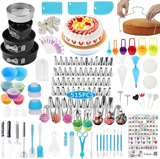 Cake Decorating Kit Supplies, 515 PCS Baking Supplies Set with 3 Springform Pan Sets, 66Icing Piping Nozzles, Cake Rotating Turntable, Piping Bags, Valentines Day Gifts for Her Mom Wife