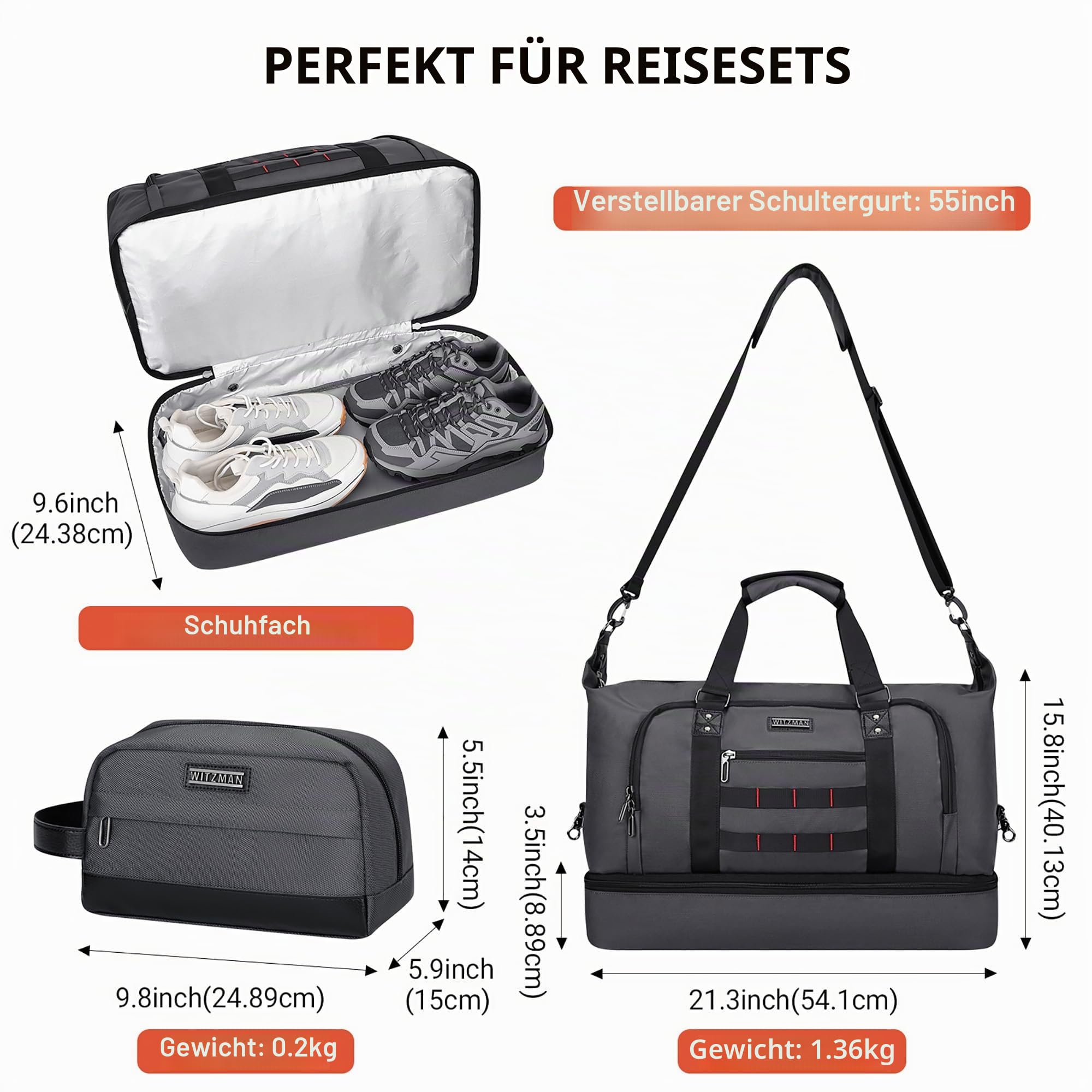 WITZMAN Reisetasche Herren 55L Nylon Weekender Duffle Bag mit Kulturbeutel | Mehrere Taschen mit Schuhfach und Nassfach, Handgepäck Flugzeug, Konvertierbar für Reisen, Sport, Weekender, B696 Silbergrau