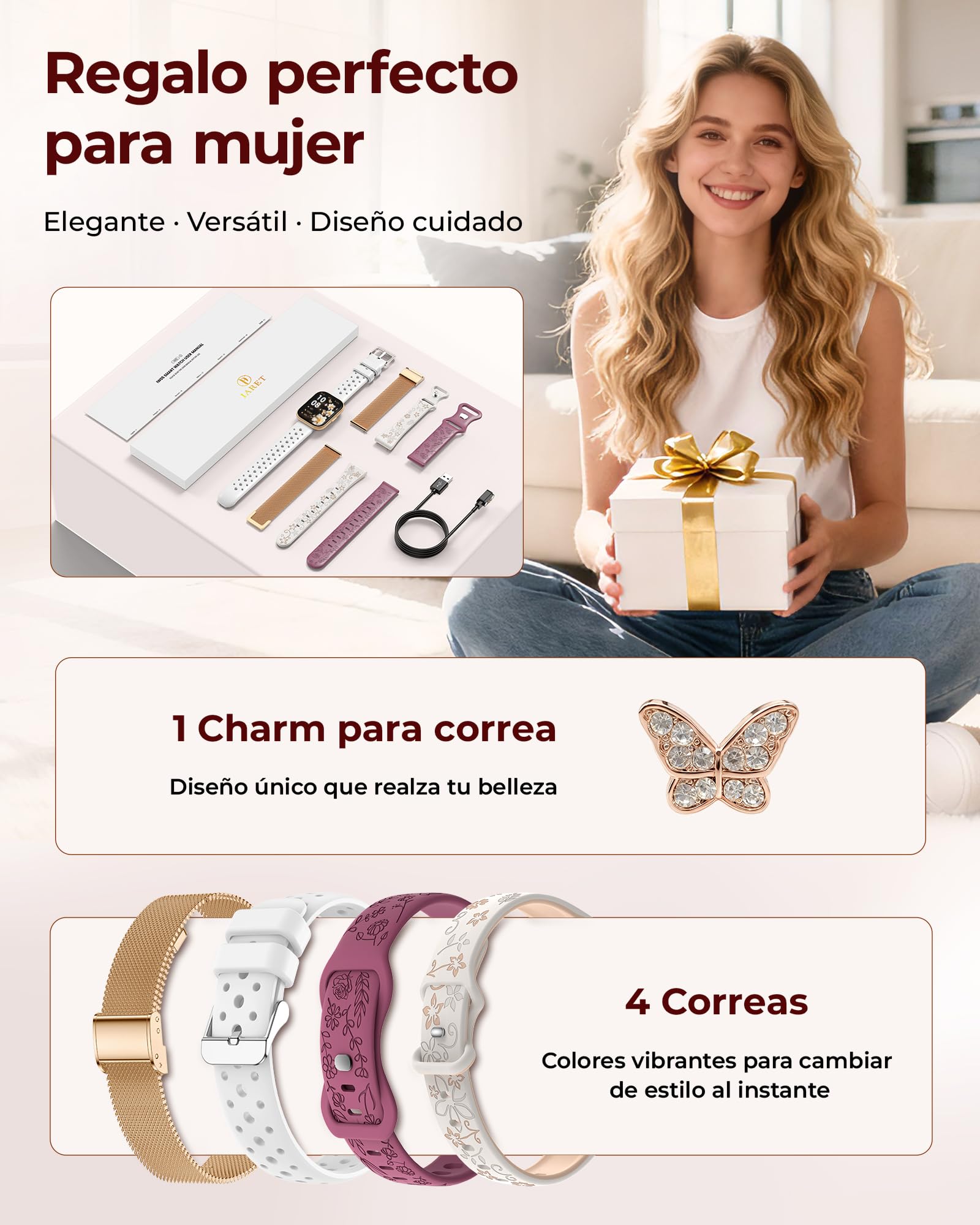 Iaret Reloj Inteligente Mujer, Regalo con 4 Correas Intercambiables y Charm, Smartwatch de 1,75", Llamadas Bluetooth, Ritmo Cardíaco SpO2 Sueño, 120+ Modos Deportivos, Compatible con Android iPhone