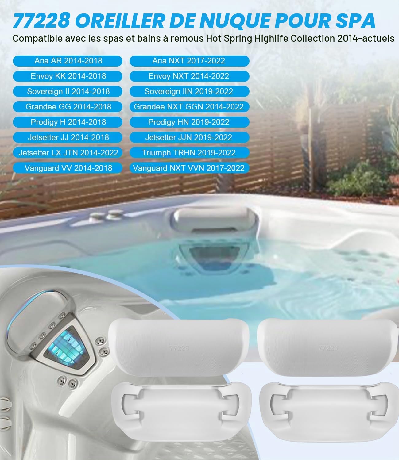 Lot de 4 coussins de nuque de rechange 77228 1411501 pour spa Hot Spring Highlife Collection 2014 et actuels, repose-tête de spa gris froid