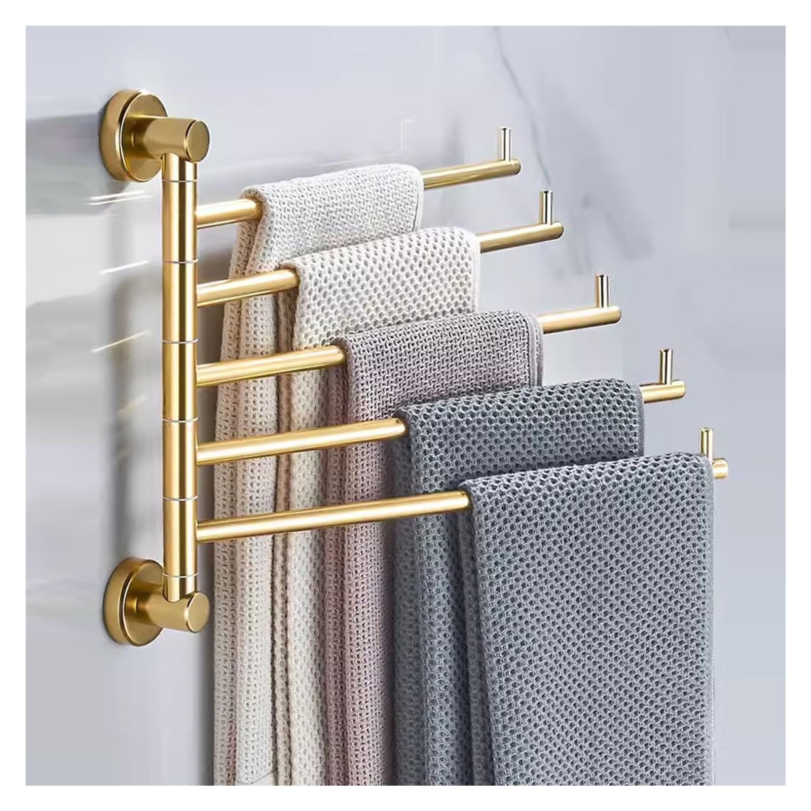Jyqlocwv Gold Towel Rail Wall Mounted Swivel Towel Bar 5-Arm Towel Rack,180° Rotation Towel Hanger Rustproof Aluminum Bathroom Storage Organizer,For Bath Kitchen Towel Holder For Multiple Towels/Gold/M