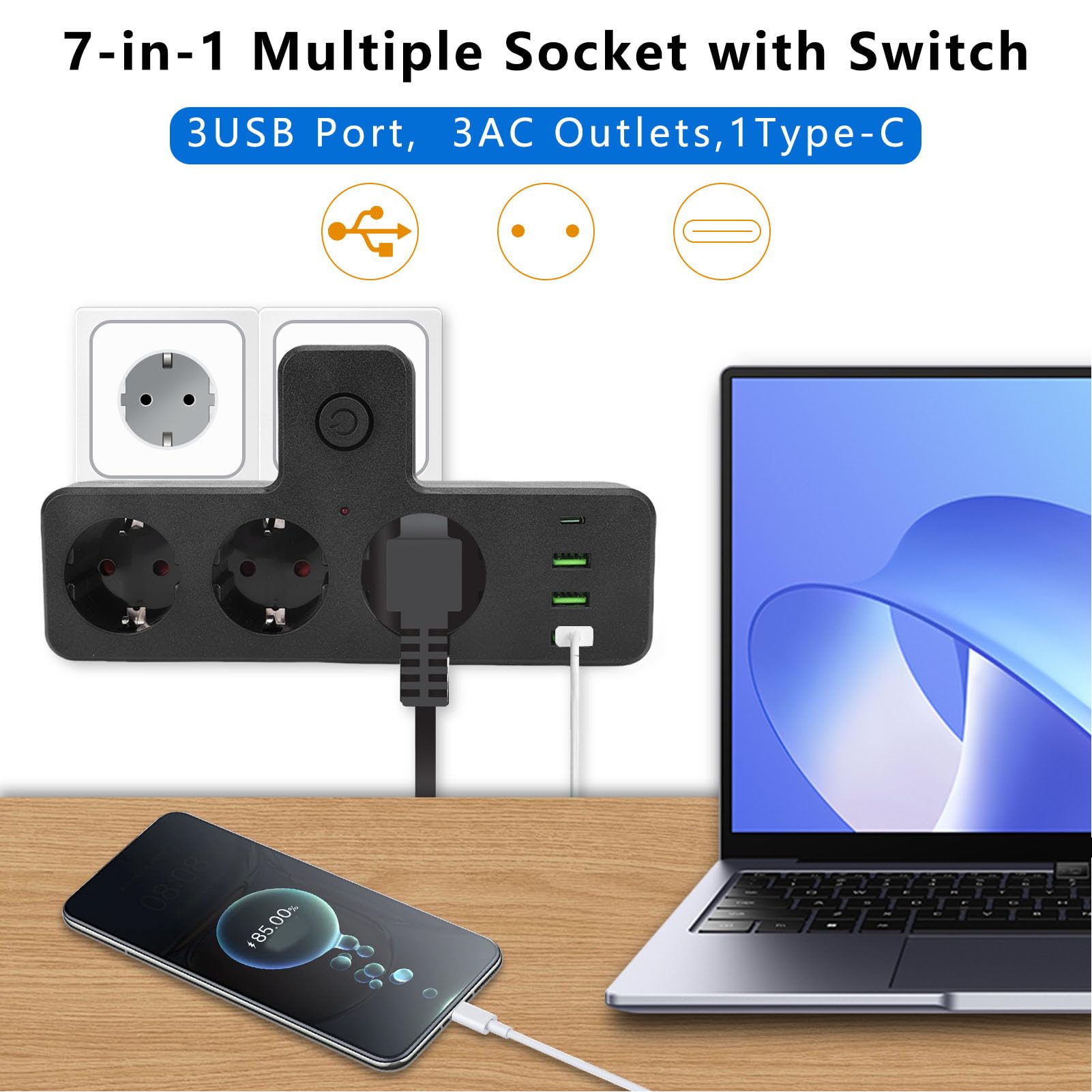 Extlet Extender, 3 Punkty Sieciowe 3 Porty USB 1 Typ C Port Multi Funkcjonalny Pasek Zasilający z Przełącznikiem, do Domu w Pokoju Domowym RV RV