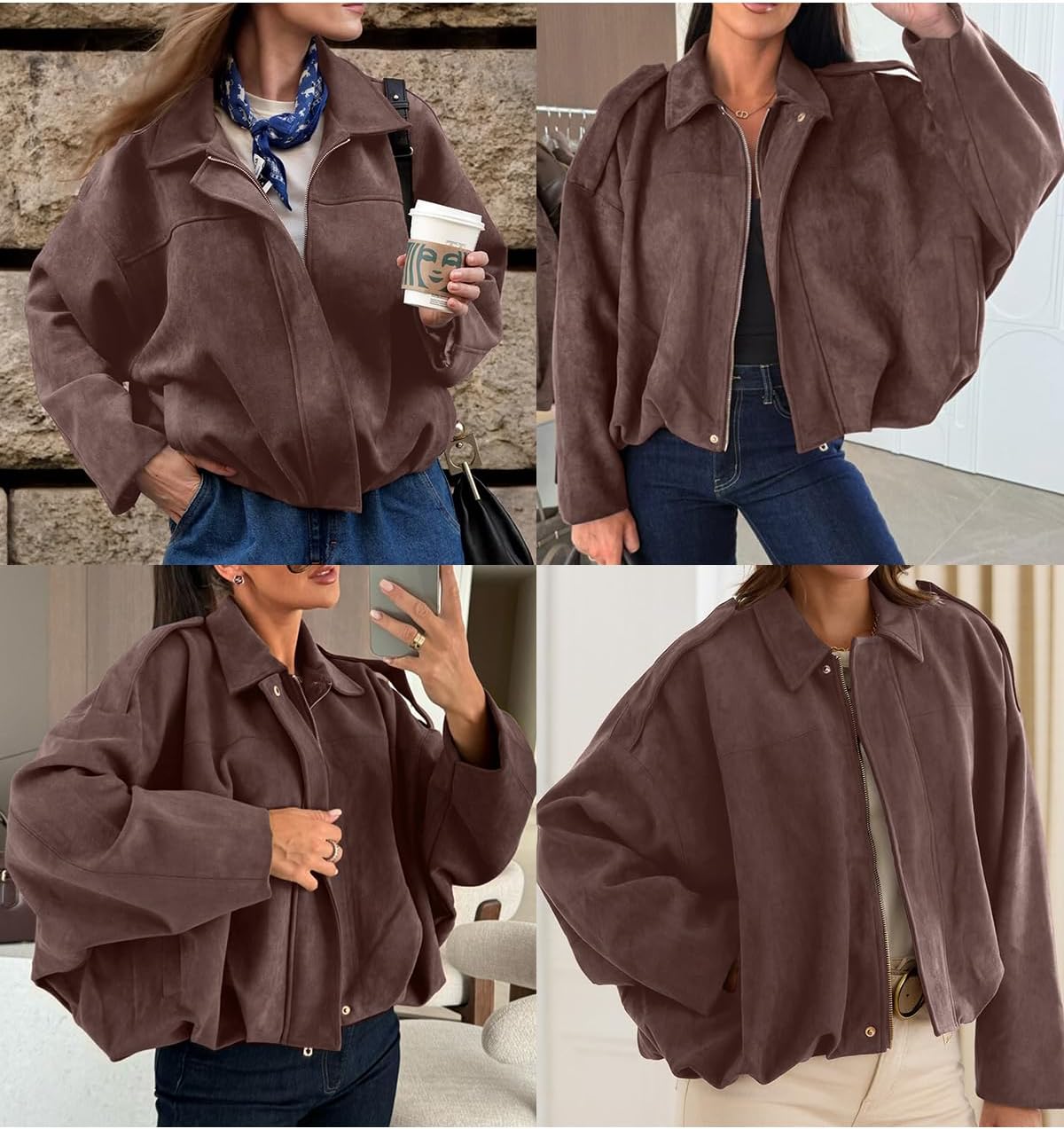 EVALESS Womens Faux Suede Bomber Jackets Long Sleeve Spring Coats Zip Up Cropped Jacket Trendy Outerwear with Pockets