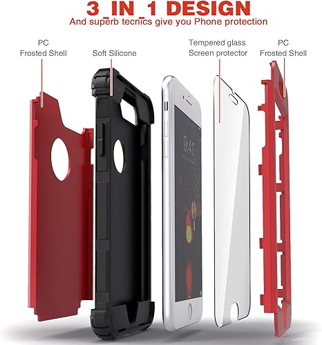 Miniatura 7 de IDweel Funda para iPhone 8 Plus, para iPhone 7 Plus con protector de pantalla de vidrio templado, 3 en 1, a prueba de golpes, delgada, híbrida,