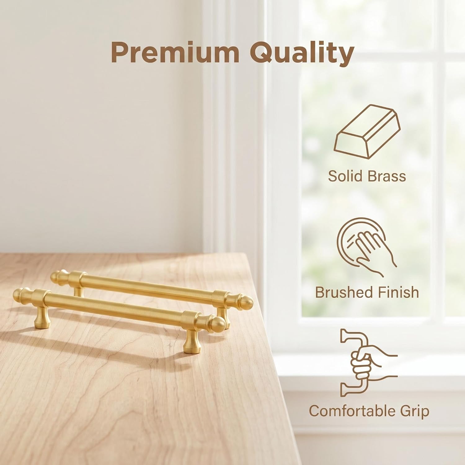 RZDEAL 4 Pack Solid Brass Cabinet Pulls, 5 Inch Brushed Gold Drawer Handles, Ideal for Kitchen Cupboards Bathroom Dresser Drawers, Heavy Duty Cabinet Hardware