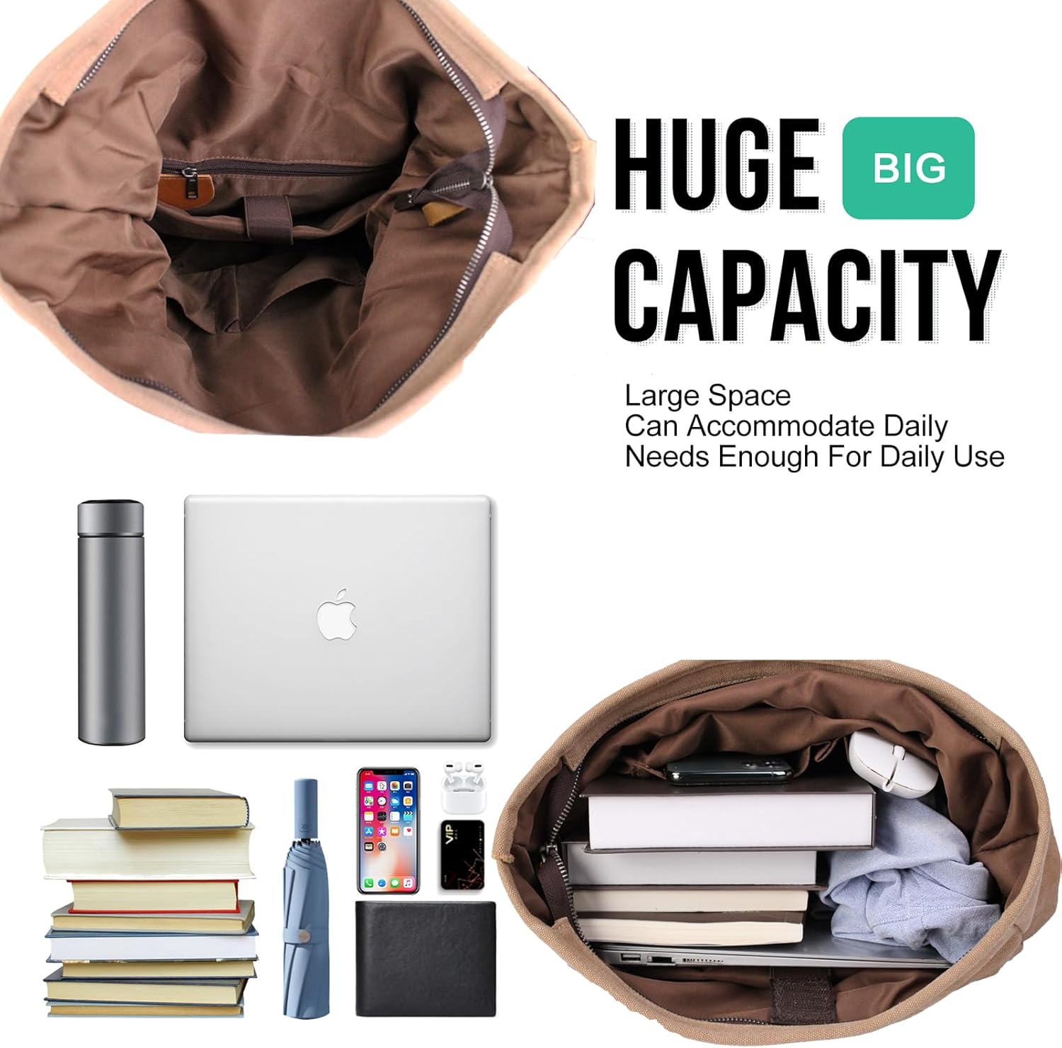 Canvas Roll Head Backpack with Top Layer Cowhide Suitable Expandable Laptop Backpacks For 16 Inch Laptops, Vintage Backpacks For Men And Women Traveling, Hiking(8828-Khaki)