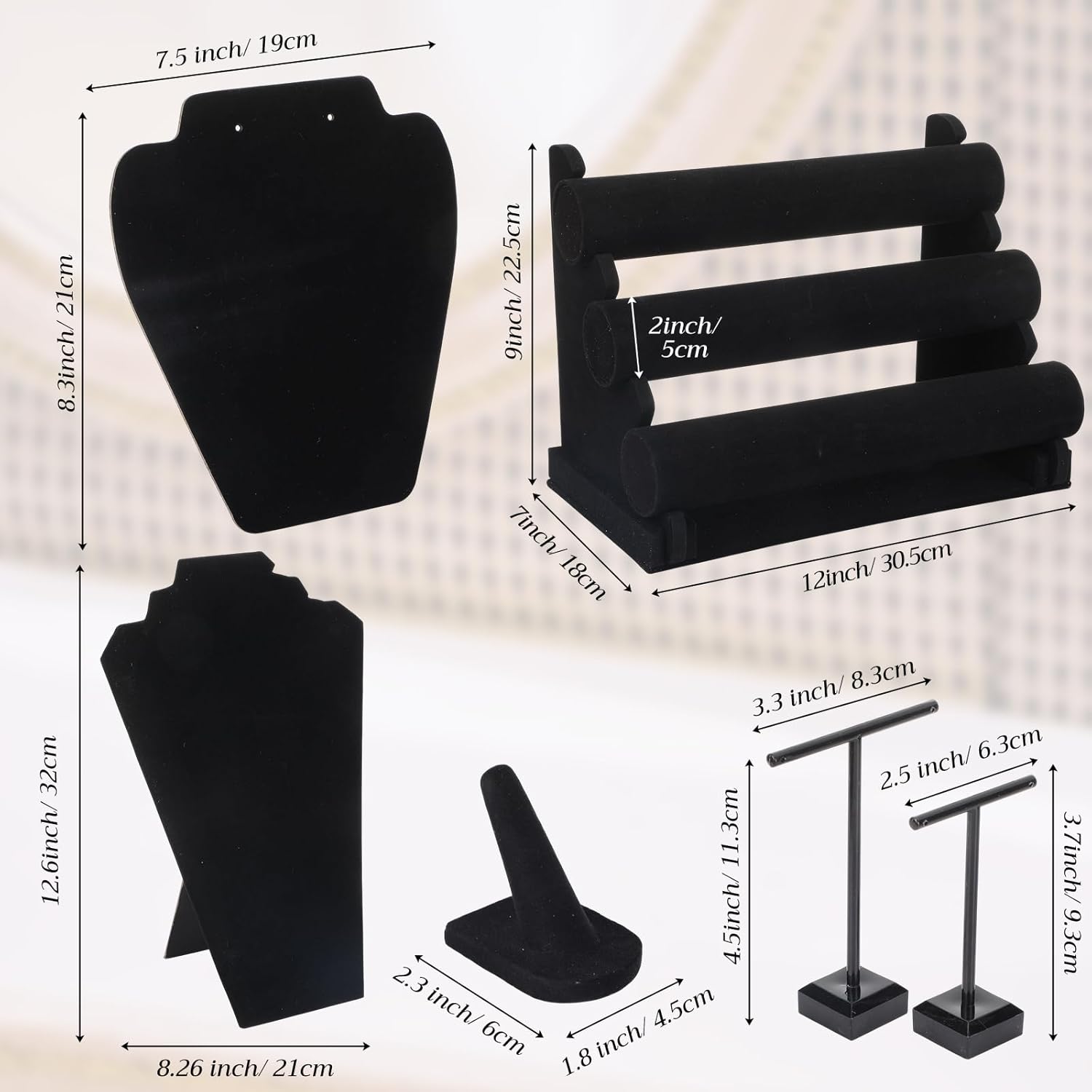 Geelin 19 Pcs Velvet Jewelry Display Set for Flat Necklace Stand 3-tier Bracelet Stand Earrings Holder Ring Finger Holder(Classic)